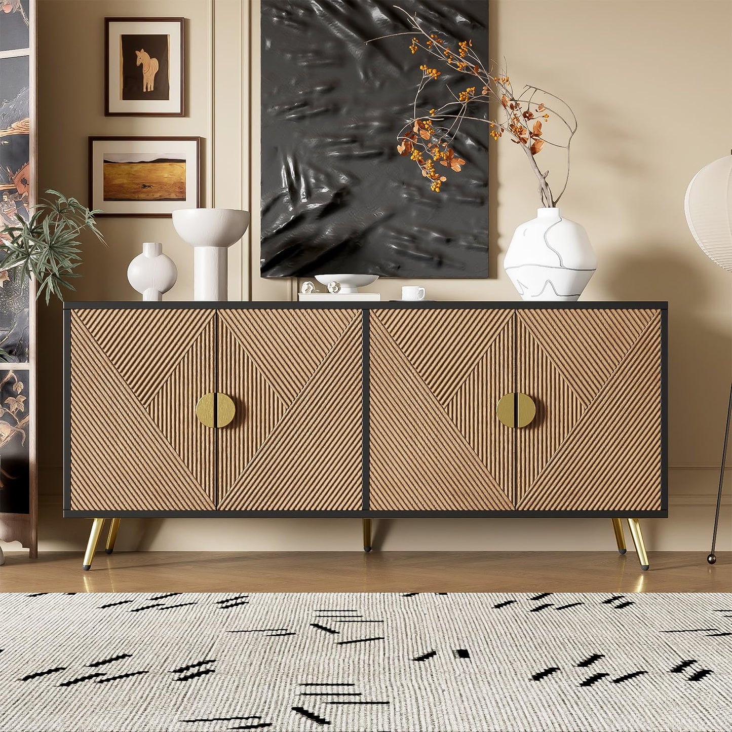 Peiaw Buffet,Cuisine Meuble, Support de Rangement Noir,Meuble de Rangement en Bois,Buffet à 4 Portes et cloisons réglables, poignées Semi-circulaires Or brossé,Garde-Manger 160 x 40 x 75 cm