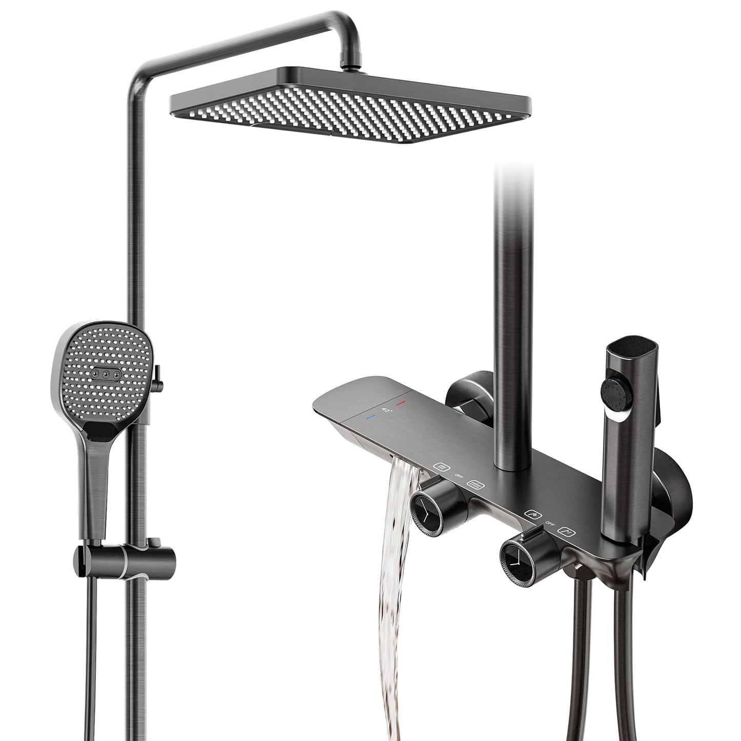 Colonne De Douche Thermostatique Ensemble De Douche Mural 4 Fonctions Avec Pommeau De Douche 32x22cm, Douchettes à Main, Robinets De Baignoire à Cascade Et PulvéRisateurs De Bidet(Gris Pistolet)