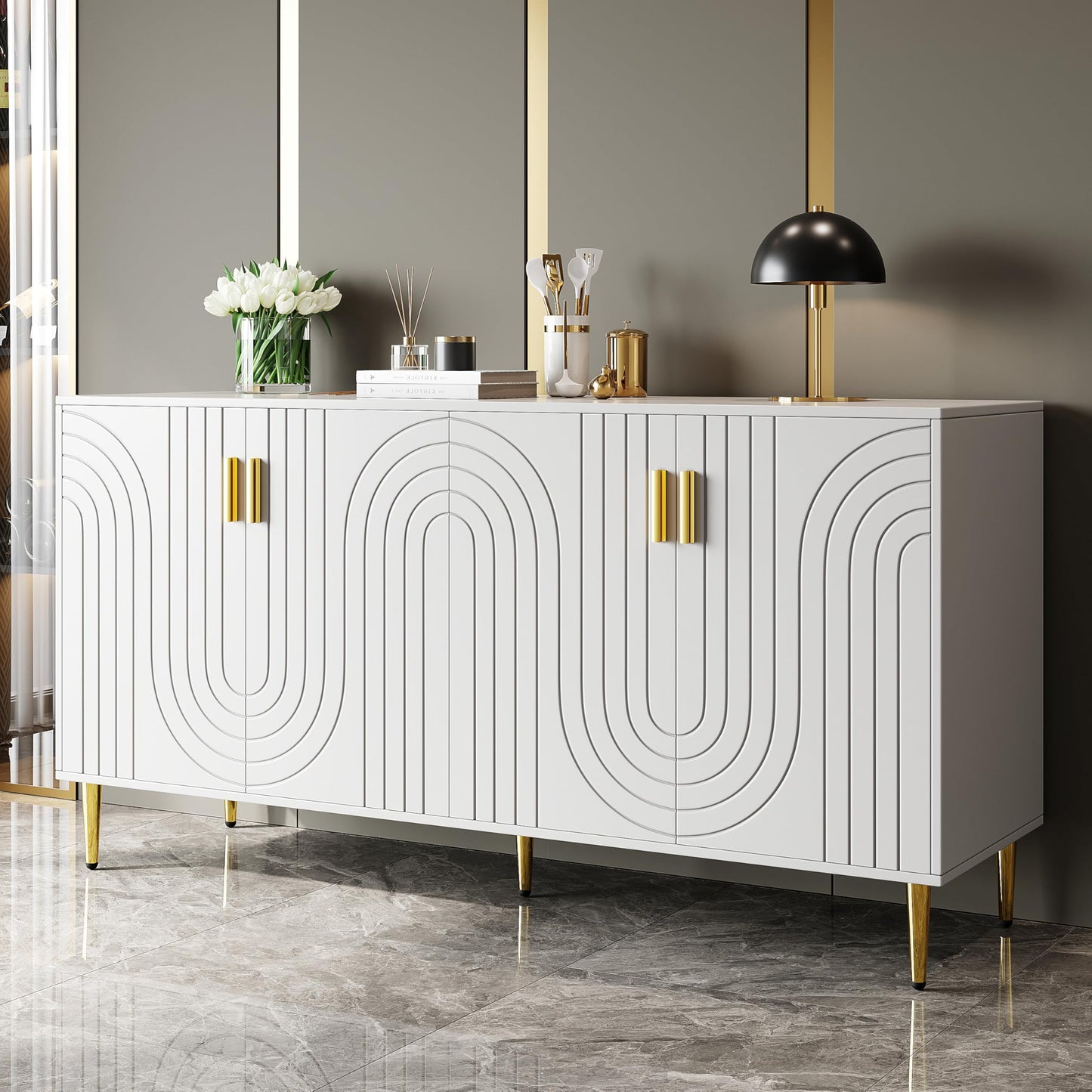 SHUGUANG Buffet Salon (152 x 40 x 75 cm), Meuble de Rangement Moderne et Simple avec Un Design Ondulé Unique, Poignées et Pieds Dorés, pour Une Salle à Manger élégante et Une Chambre à Coucher