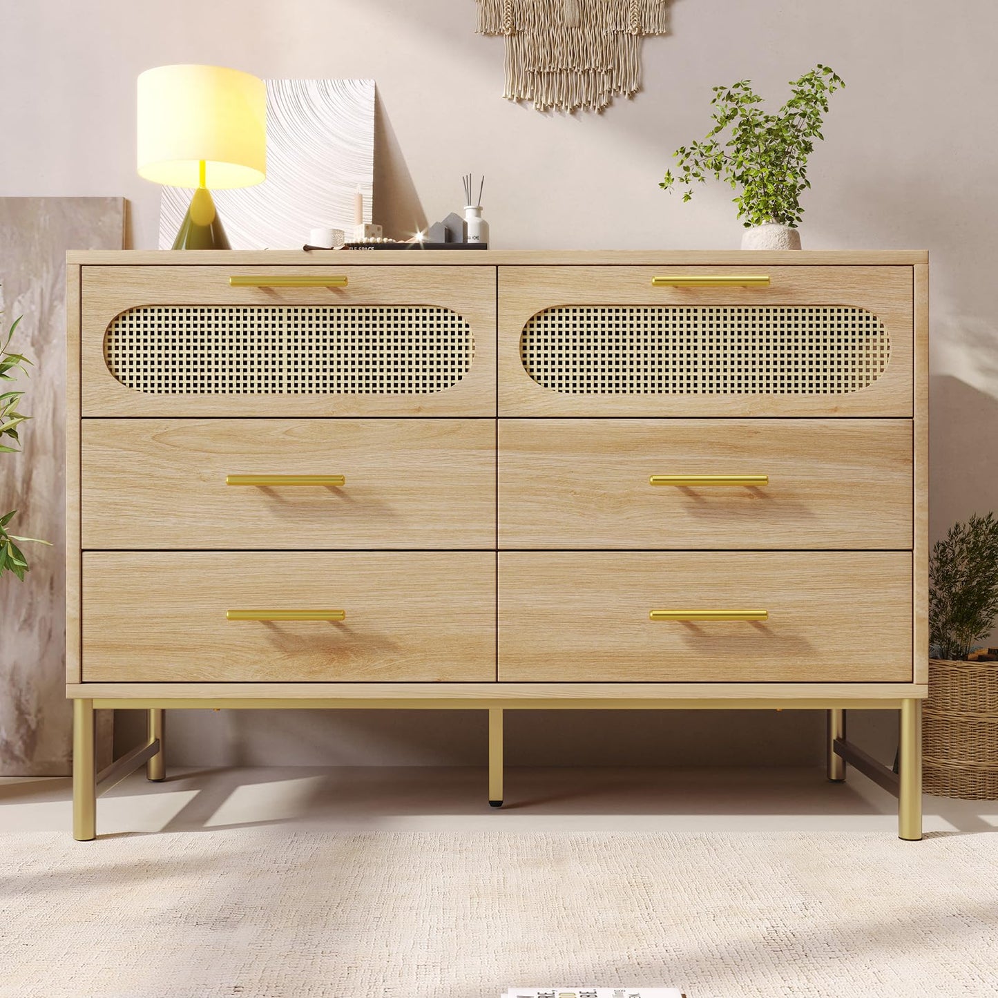 Peiaw Buffet,Meuble de Rangement en Bois,Commode en rotin,étagères réglables,Meuble de Rangement avec 6 tiroirs, Armoires de Cuisine avec poignées et Pieds en métal,120 x 40 x 74 cm