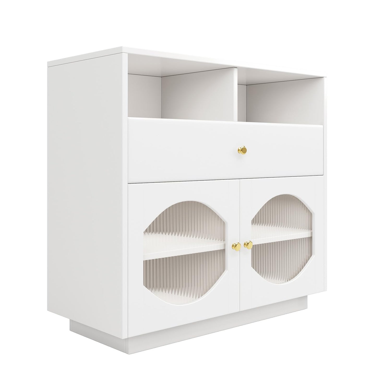 Sideboard Mit Glastür, Küchenschrank Mit Schublade aus PU-Leder, Kommode Modern, Mehrzweckschrank für Wohnzimmer, Esszimmer, Hohe Tragfähigkeit, 100 x 90.5 x 40 cm (B/H/T)