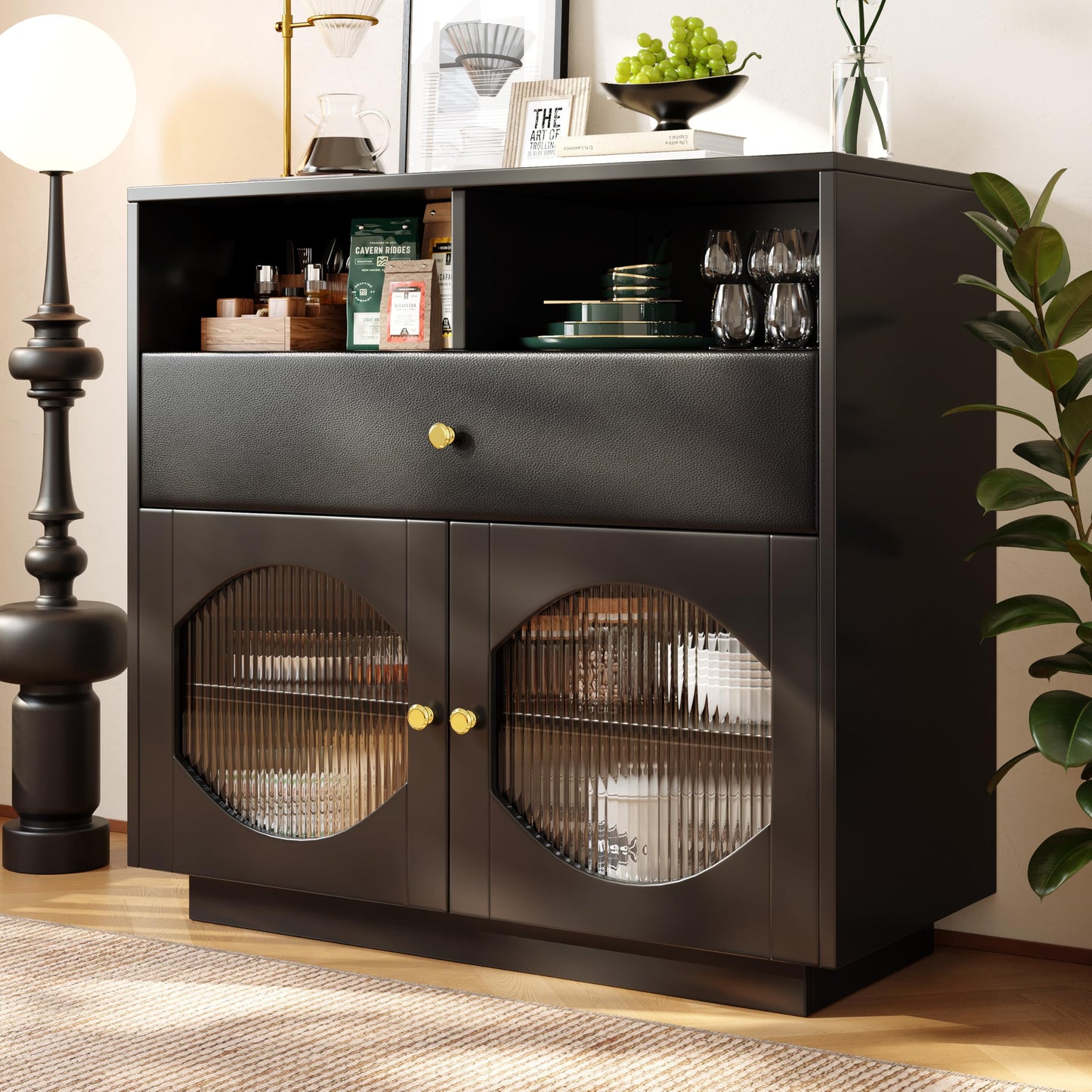 Buffet Salon avec Portes en Verre, Meuble de Cuisine Moderne de Luxe avec 1 Tiroir, 2 Portes et 2 Cloisons Ouvertes, Bahut Buffet de Salle à Manger, 100 × 40 × 90,5cm, Facile à Assembler, Blanc/Noir