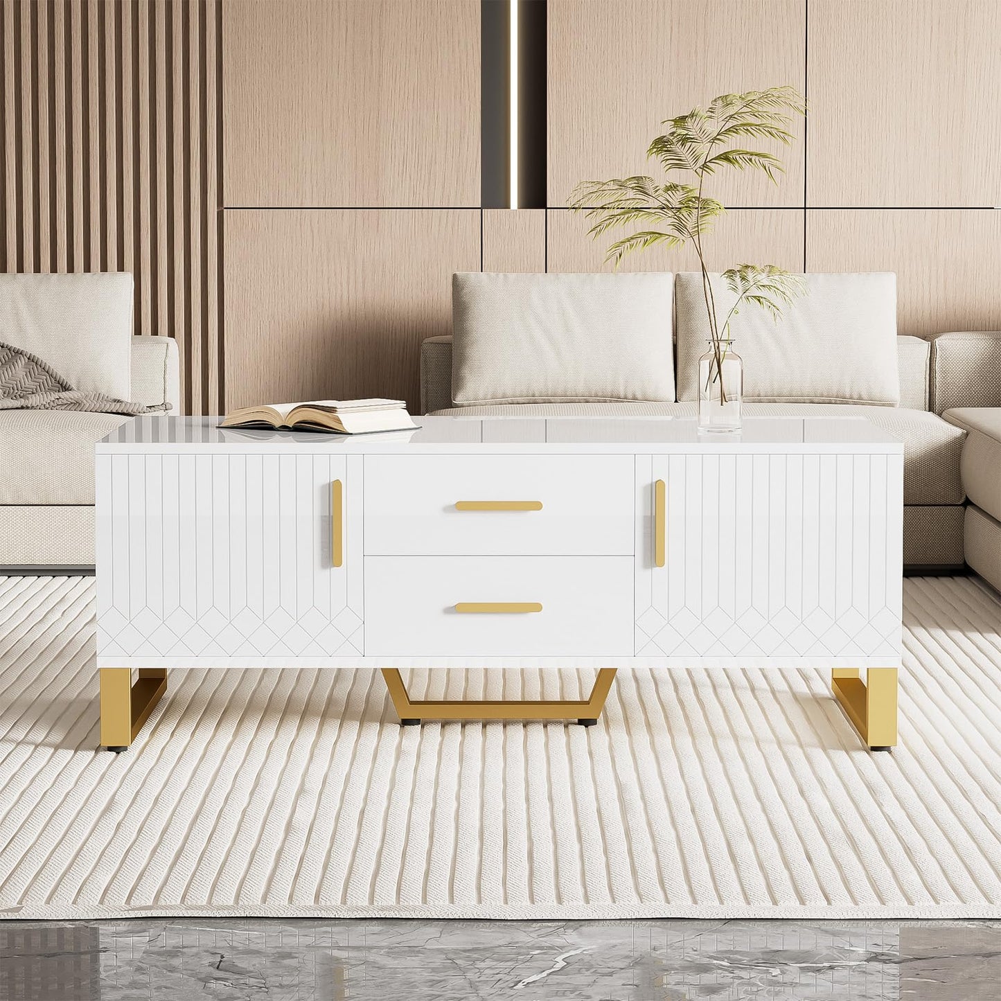 Table basse,Table basse salon,Table basse brillante,Table basse carrée avec tiroirs,équipée de deux portes,Poignées et pieds dorés,avec compartiment de rangement ouvert,Table basse 107x40,5x55 cm