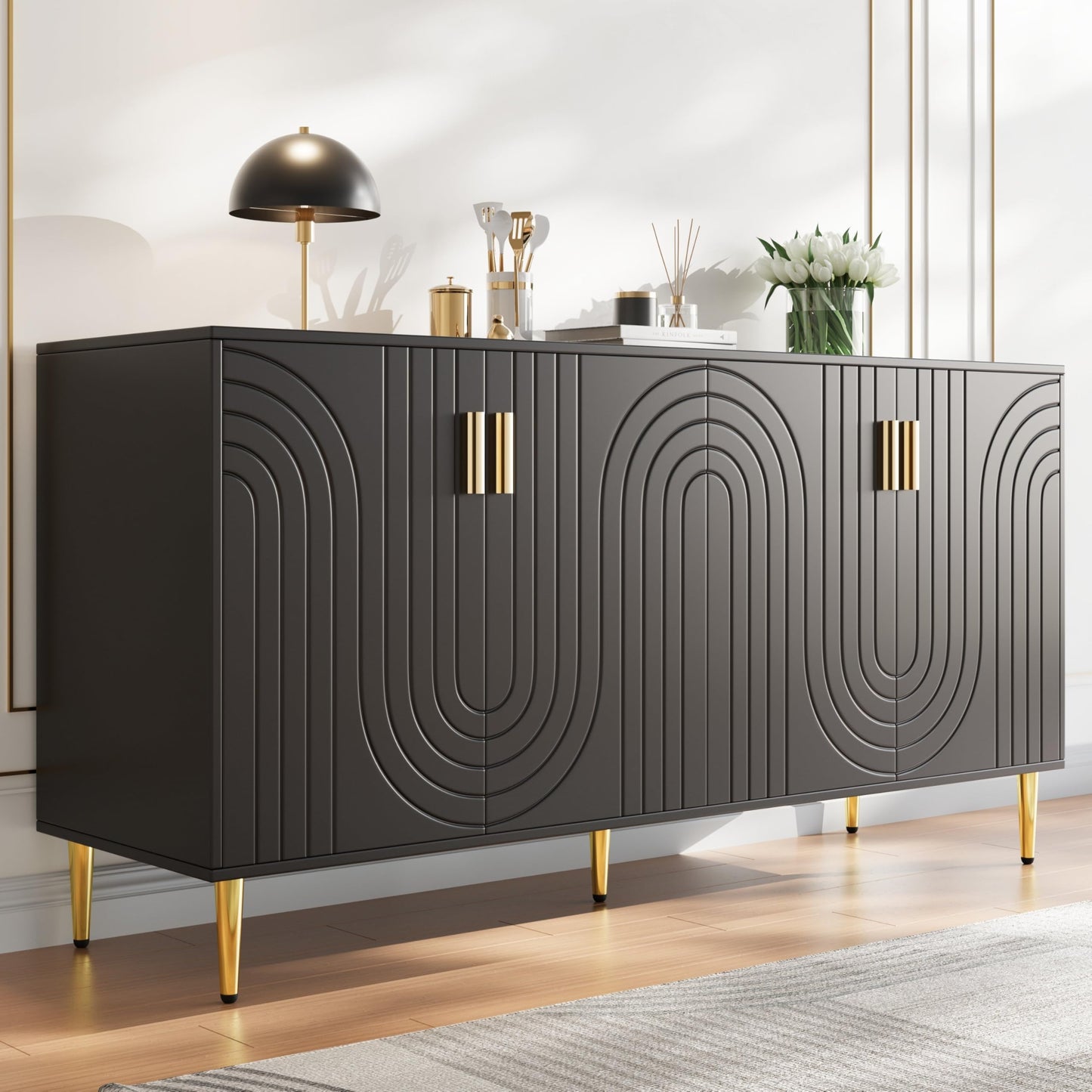 SHUGUANG Buffet Salon (152 x 40 x 75 cm), Meuble de Rangement Moderne et Simple avec Un Design Ondulé Unique, Poignées et Pieds Dorés, pour Une Salle à Manger élégante et Une Chambre à Coucher