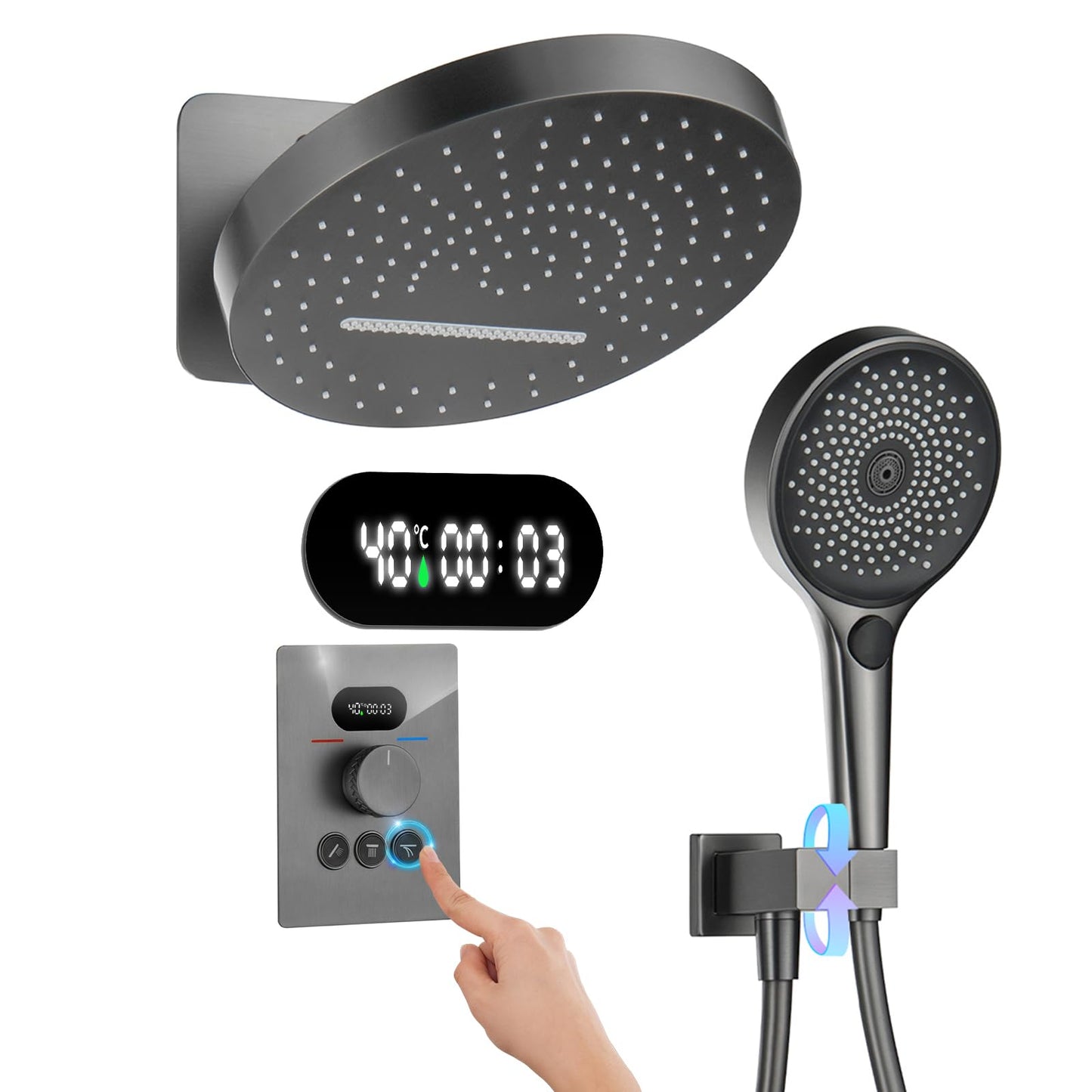 OihPaw Ensemble de Douche Encastré Colonne Douche Thermostatique Gris Système de Douche avec Affichage Numérique LED, 32CM Cascade et Pluie Tête de Douche Rond