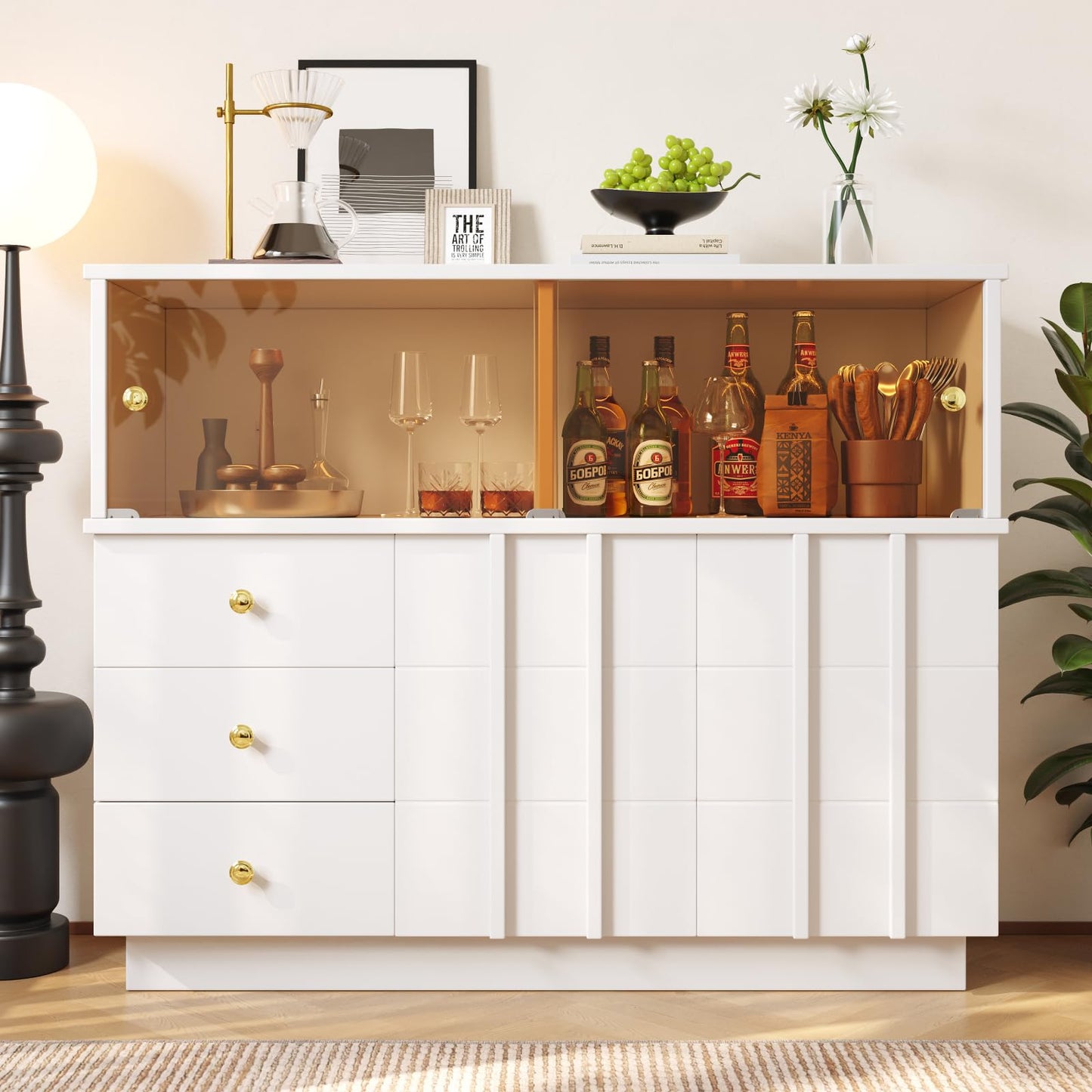 Buffets, meuble de rangement,meubles de salon modernes,Armoires de cuisine blanches,Commode avec poignées dorées et portes coulissantes en verre fumé,buffet avec 2 portes et 3 tiroirs 120×33×95 cm