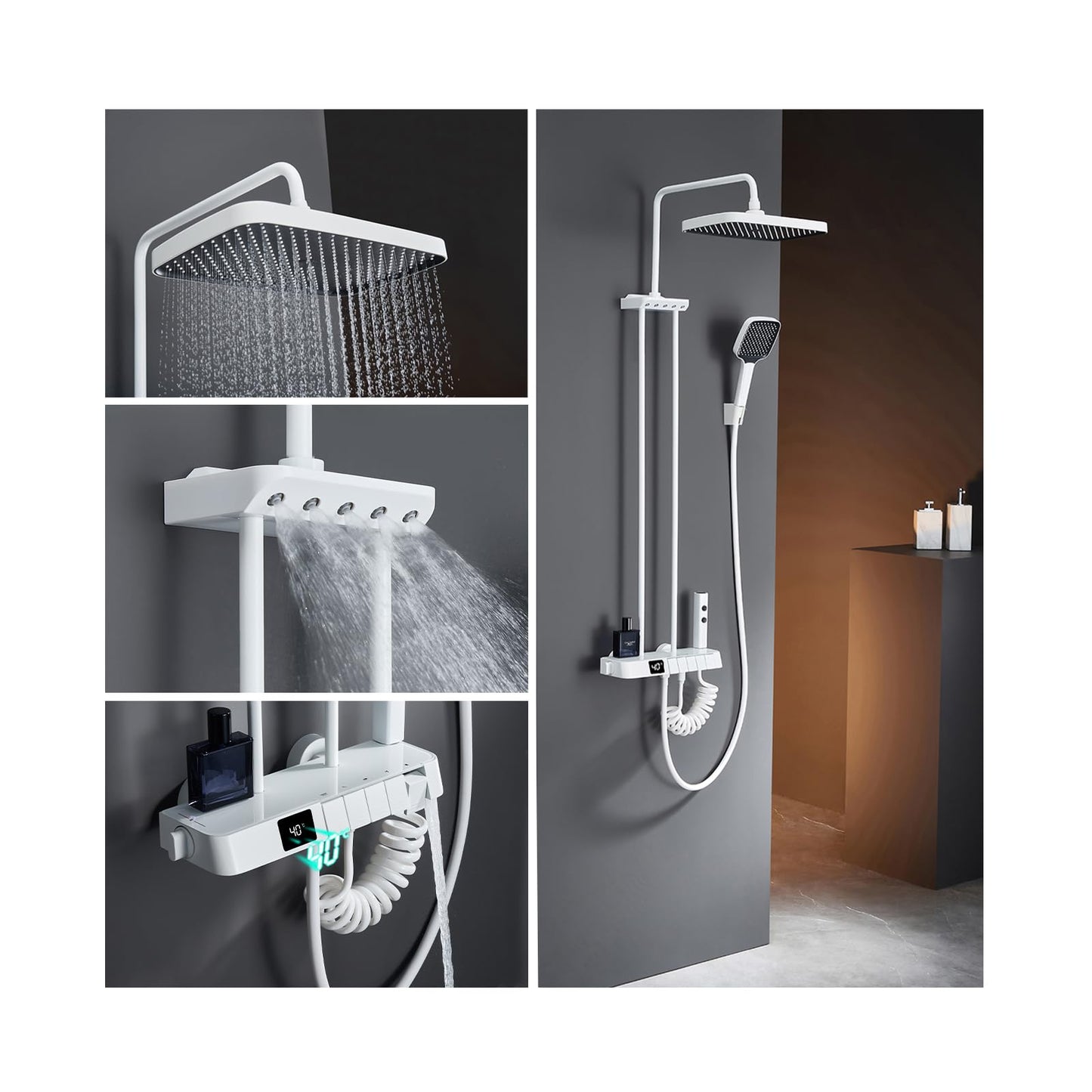 OihPaw Système de Douche Thermostatique,Colonne de Douche avec Affichage de la Température,Pulvérisateur d'épaule,Douche Bidet,Robinet de Douche de Baignoire,Pommeau de Douche,Douche à main