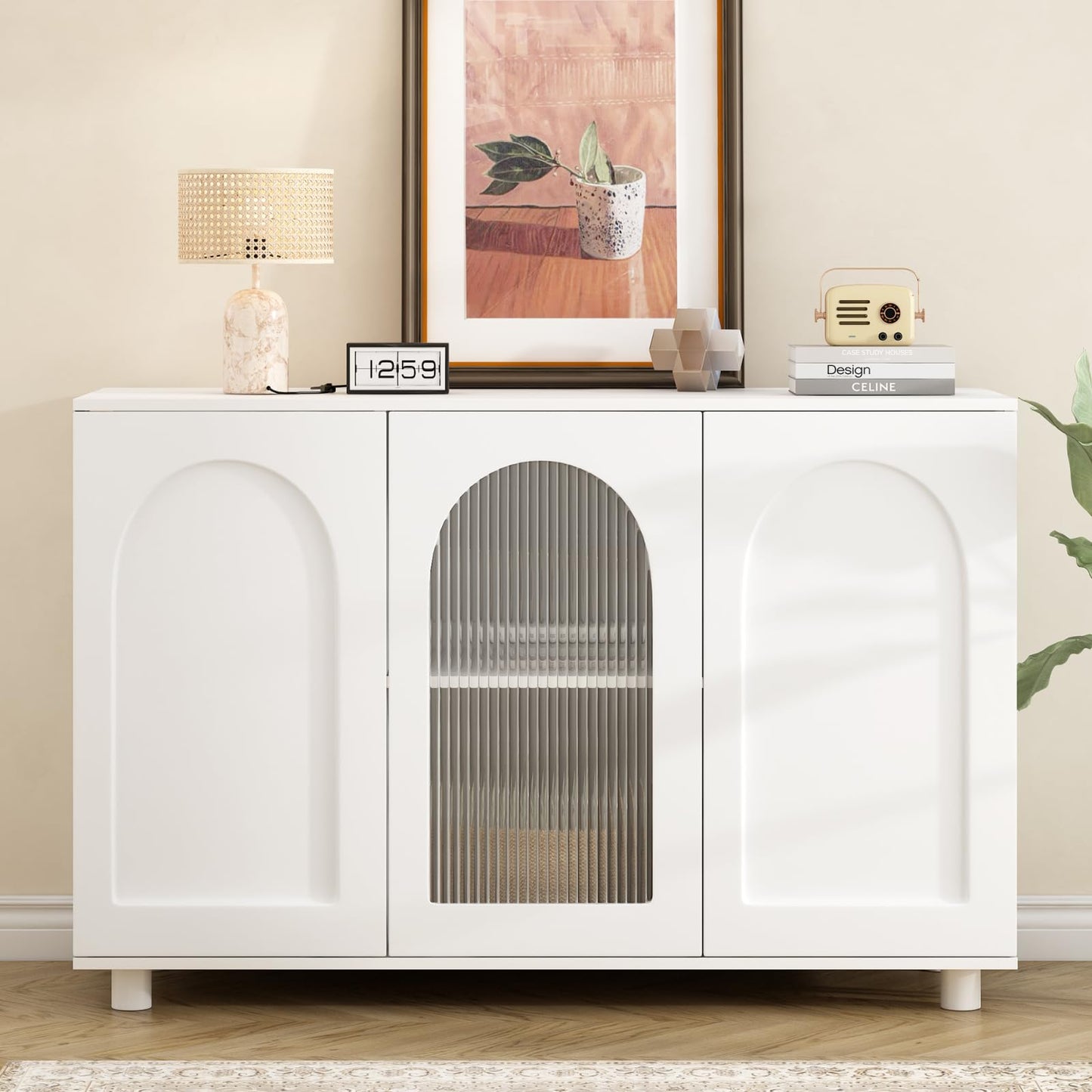 Buffet,Meuble de rangement,Armoire de Cuisine,Placard,avec 3 Portes,étagères réglables en hauteur,Buffet avec porte vitrée,Armoire de rangement avec pieds bois de caoutchouc peint,120 x 40 x 78.5 cm