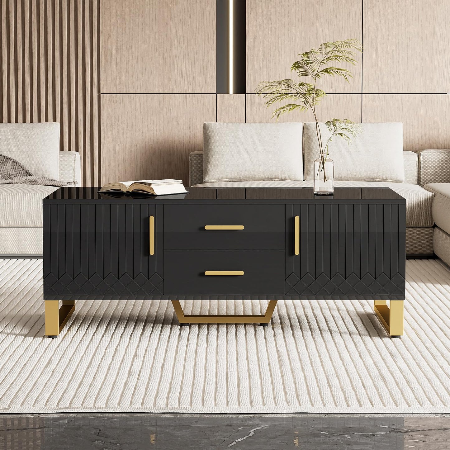 Table basse,Table basse salon,Table basse brillante,Table basse carrée avec tiroirs,équipée de deux portes,Poignées et pieds dorés,avec compartiment de rangement ouvert,Table basse 107x40,5x55 cm