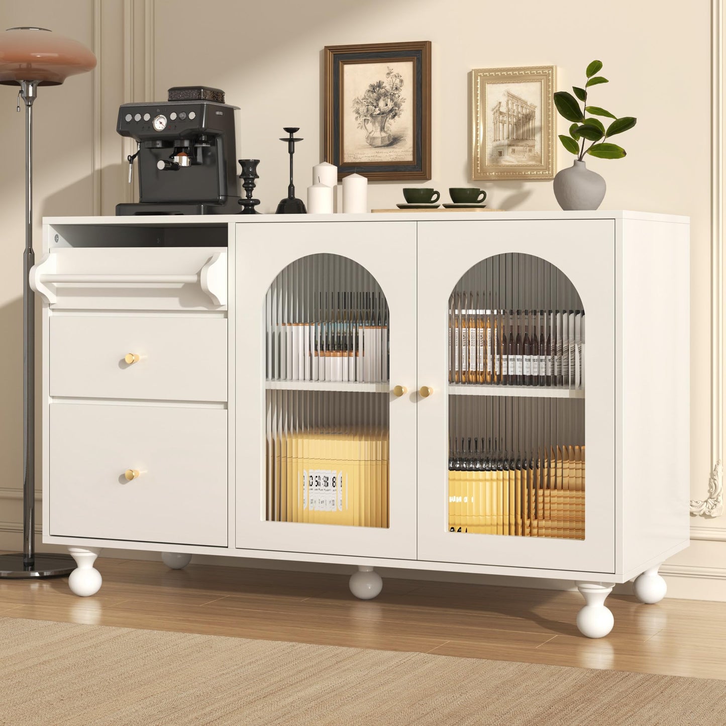 120 x 40 x 75.5 cm Armoire de Rangement Polyvalente, Armoire de Salon avec 3 Tiroirs et 2 Porte D'armoire Vitrée et Porte-Serviettes, Buffet Cuisine Applicable à Cuisine, Salon, Salle à Manger