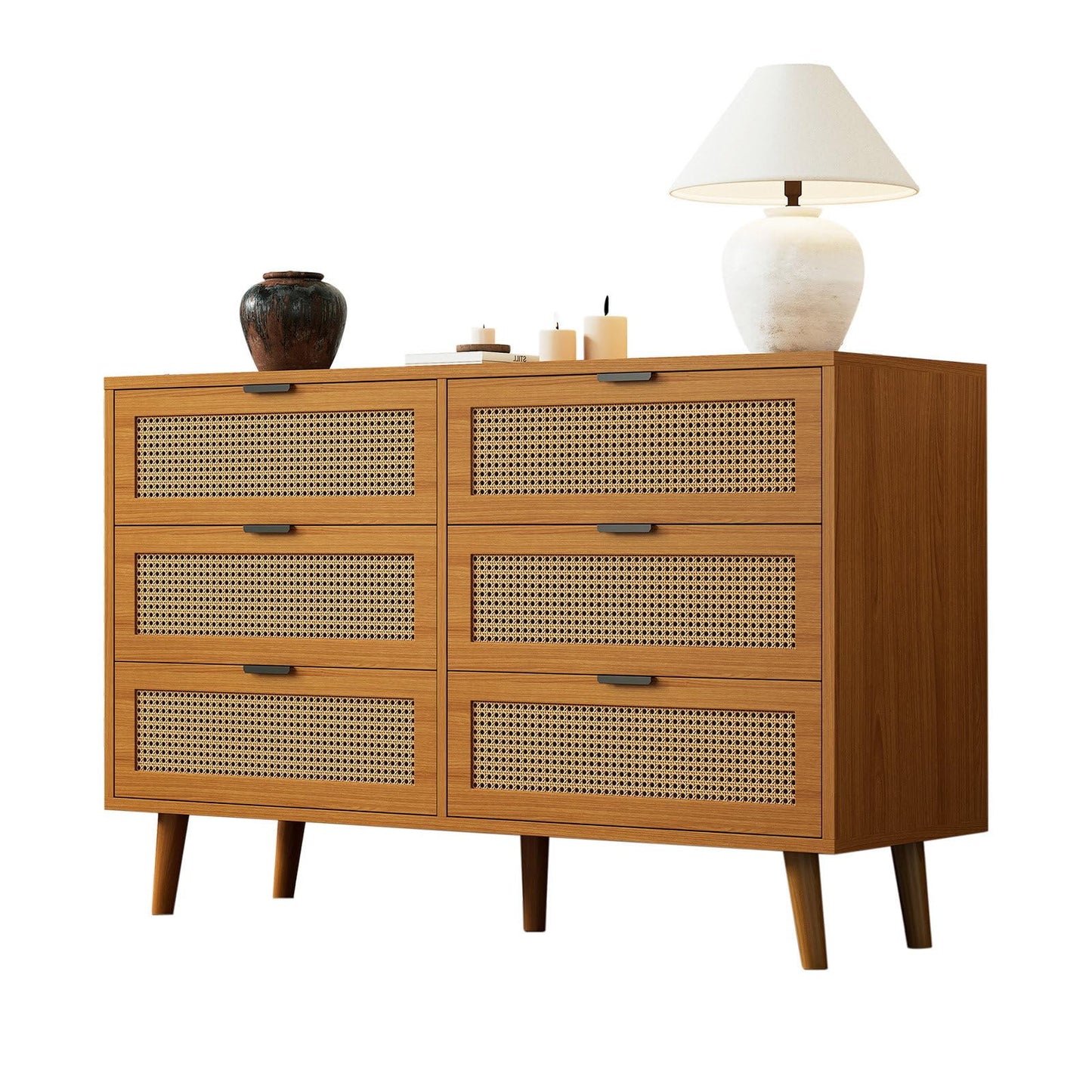 Kommode Mit 6 Schubladen, Sideboard Perforierte Rattantür, Mehrzweckschrank für Wohnzimmer, Esszimmer, Schubladenschrank Hohe Tragfähigkeit, Schrankbeine aus Massivholz, Metallgriff, 120 x 40 x 76.5cm