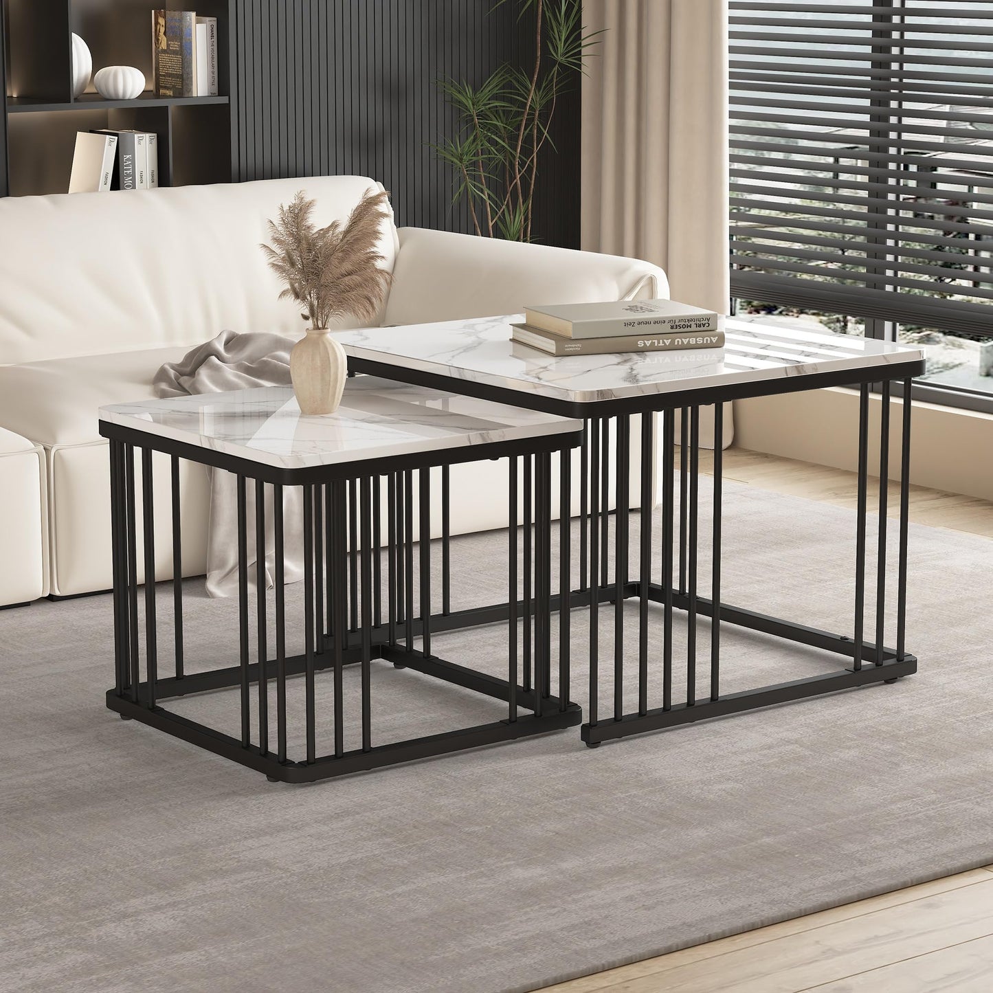 Lot de 2 Tables Basses Gigognes Carré, Tables Basse Empilable Aspect Marbre, Table Basse Salon Chambre avec Cadre en Métal, Polyvalent Tables Bassee pour Bureau, Appartement