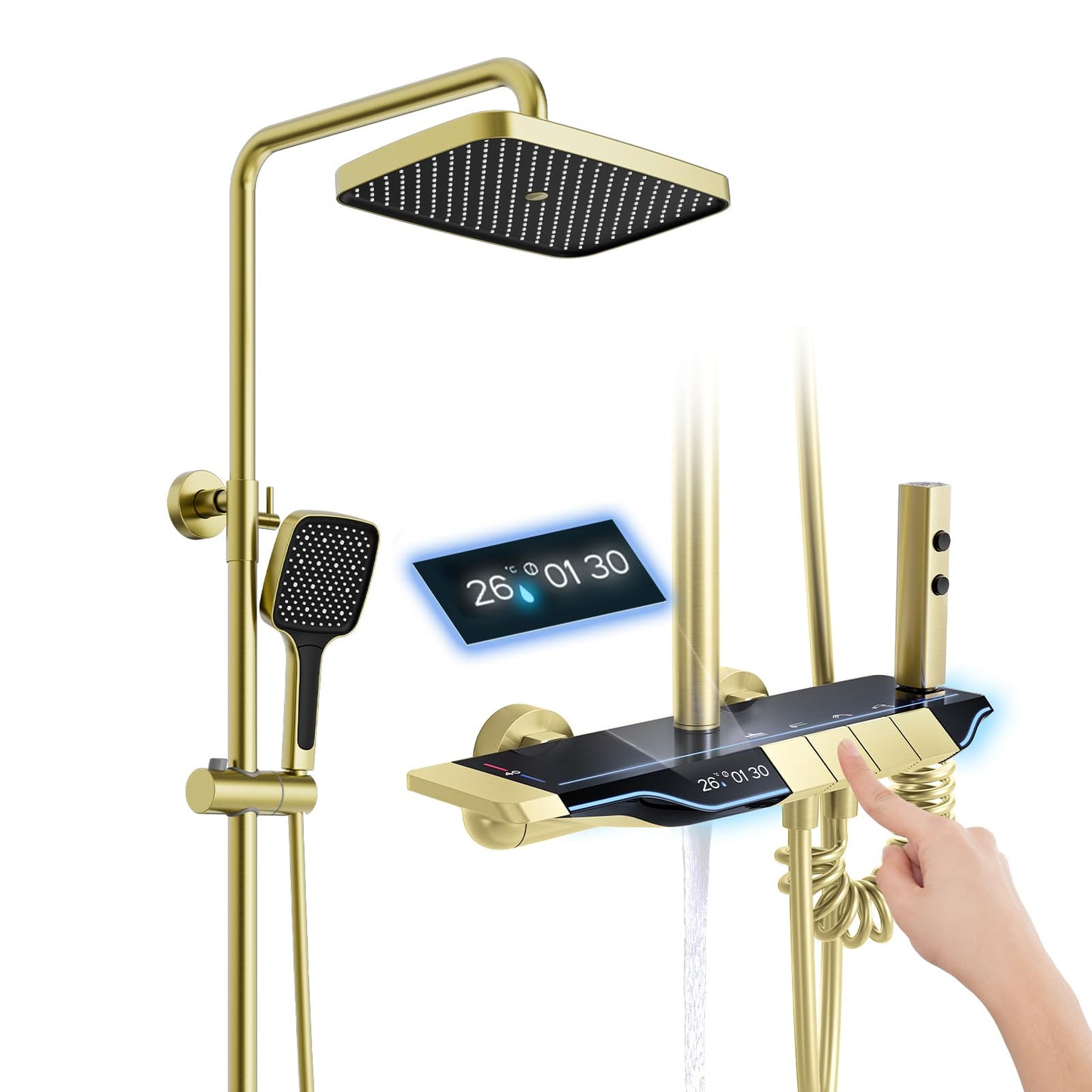 Colonne de Douche Thermostatique Doré Systeme de Douche Piano avec éclairage d'ambiance LED, Ensemble de Douche Mitigeur Hauteur Réglable avec Douche de Tête et Douchette, Baignoire Cascade