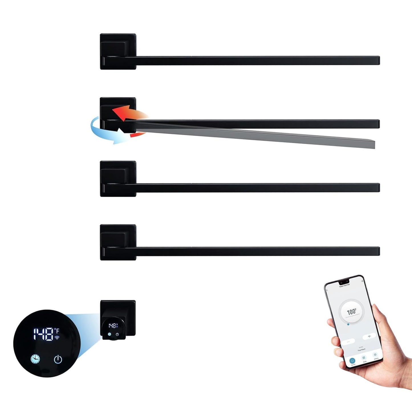 Sèche-Serviettes Électrique avec 4 Barres Porte-Serviettes électrique Noir à 180°, 75W 51 * 70cm Mural Chauffe-Serviettes Intelligent, écran LED, contrôle Tactile