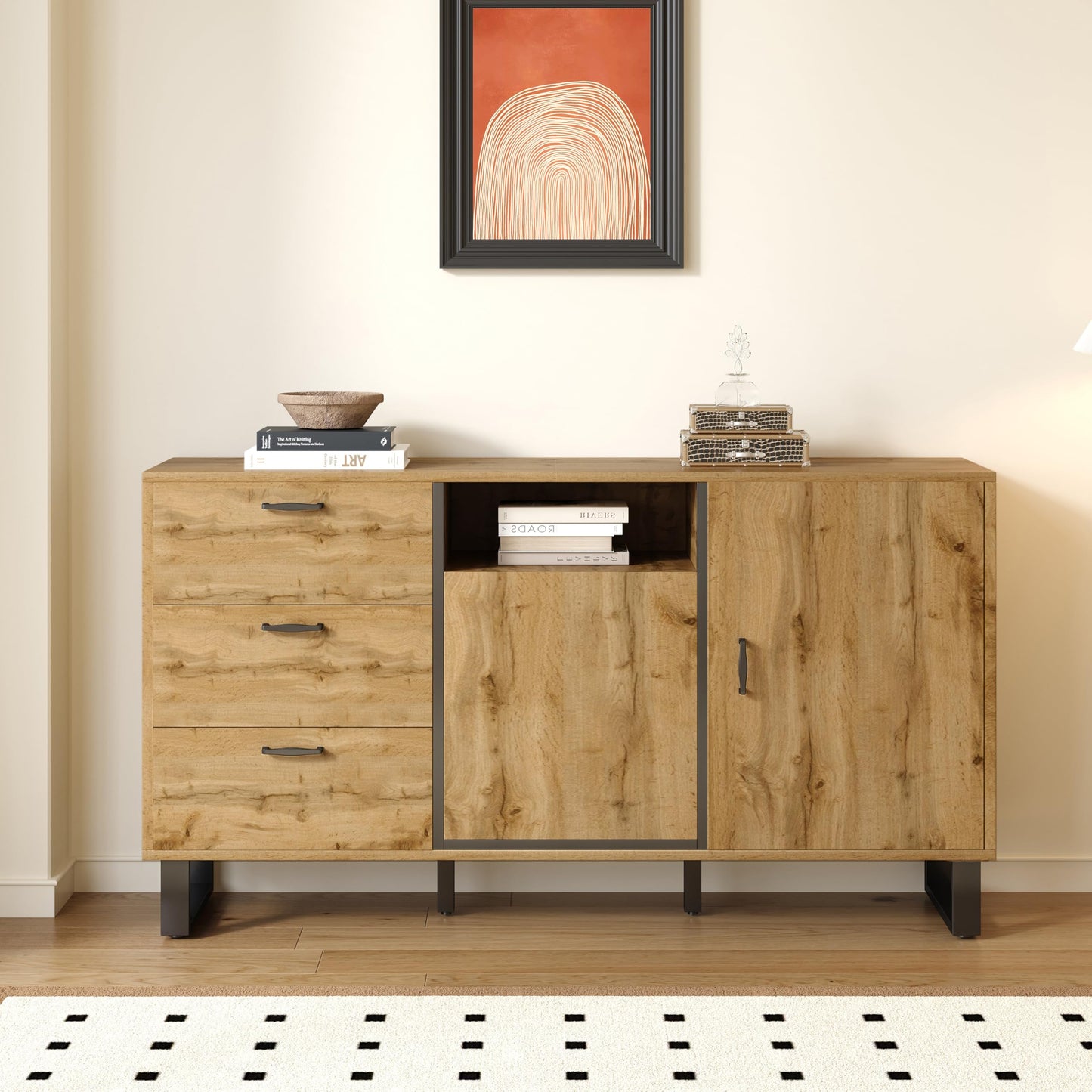 SHUGUANG Buffet Rustique Élégant, Commode Chambre à Coucher, Buffet avec 3 Tiroirs, 2 Portes et Compartiment Ouvert, Grand Espace de Rangement, Étagères Réglables, Vitrine en Bois, 150x38x76,5 cm