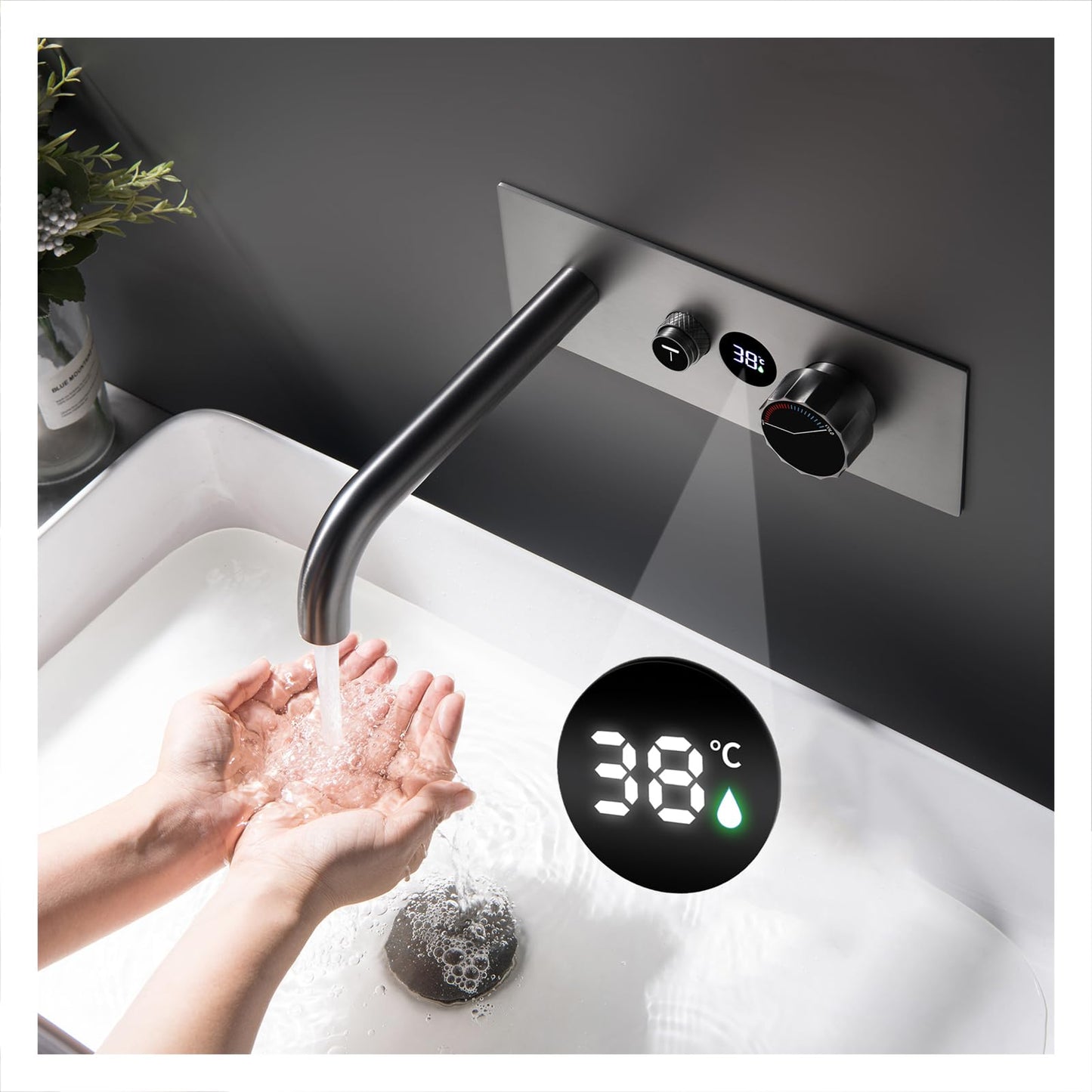 Robinet Noir Mural Salle de Bains avec Affichage de la Température LED Mitigeur Baignoire Robinet Lavabo Encastré Laition pour Baignoire et Lavabo Robinet Froid et Chaud