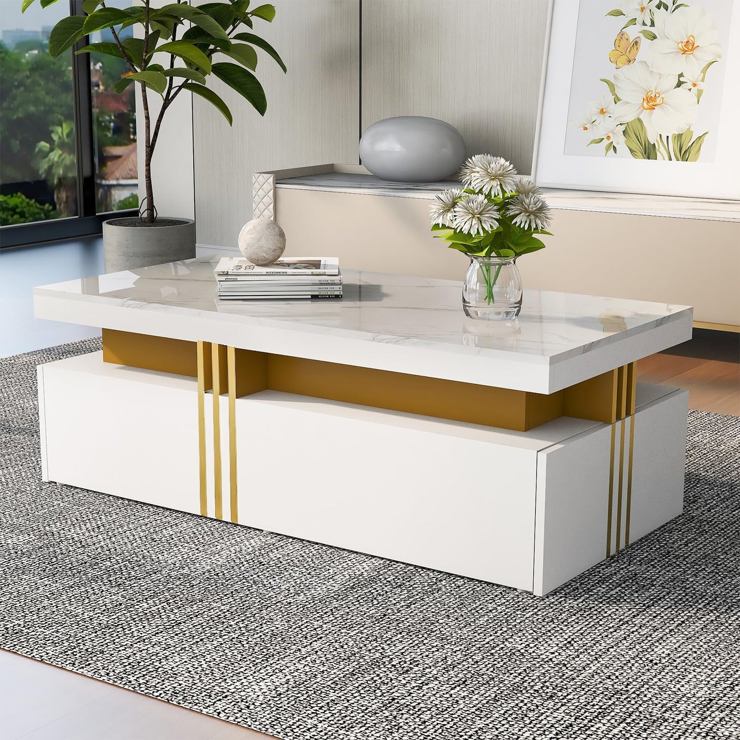 Peiaw Table Basse,Table Basse Salon,Table Basse en marbre Blanc,Table Basse rectangulaire Moderne,Table Basse avec 2 tiroirs en Bois,Bordure dorée métallisée sur Le côté,Table Basse 100 x 50 x 40cm