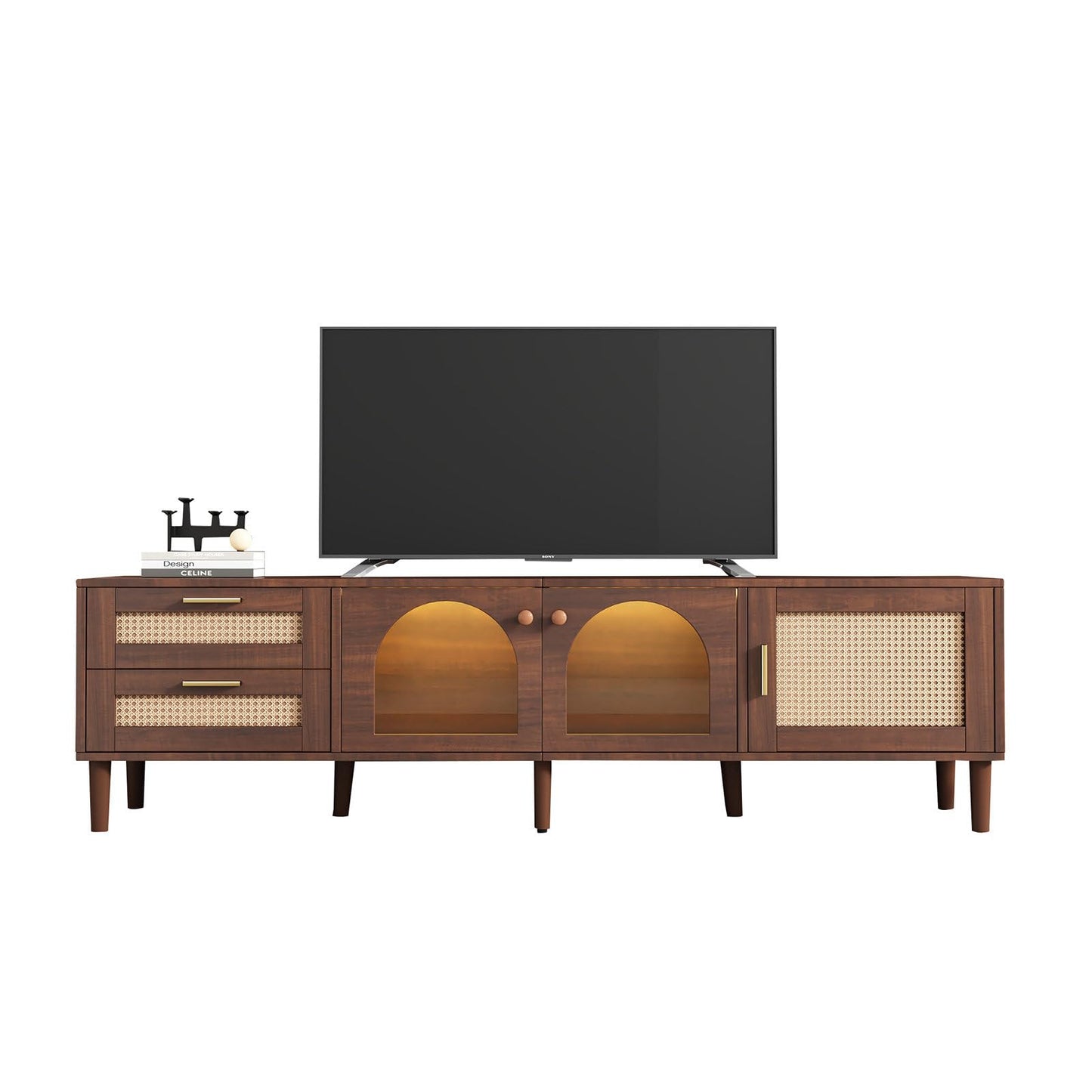 Meuble TV 180cm, Armoire De Télévision Rotin Tressé, Meuble Télé de Salon Convient Aux Téléviseurs de 80 Pouces, Table Télévision 2 Ports de Gestion des Câbles, 2 Portes 2 Tiroirs 4 Étagères Ouvertes