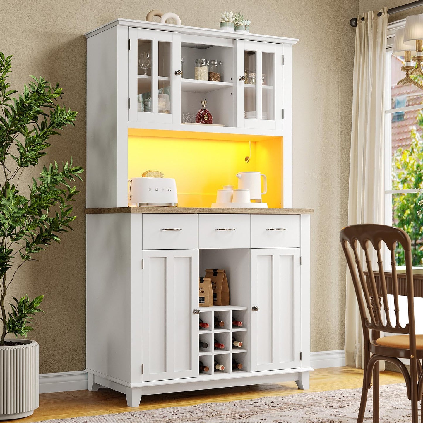 Buffet de Cuisine avec Éclairage LED, Armoire de Cuisine Anti-Basculement, Meuble Cuisine Rangement Étagères Réglables, Bibliothèque avec Poignée en Alliage D'aluminium, 106 x 40 x 179.5 cm