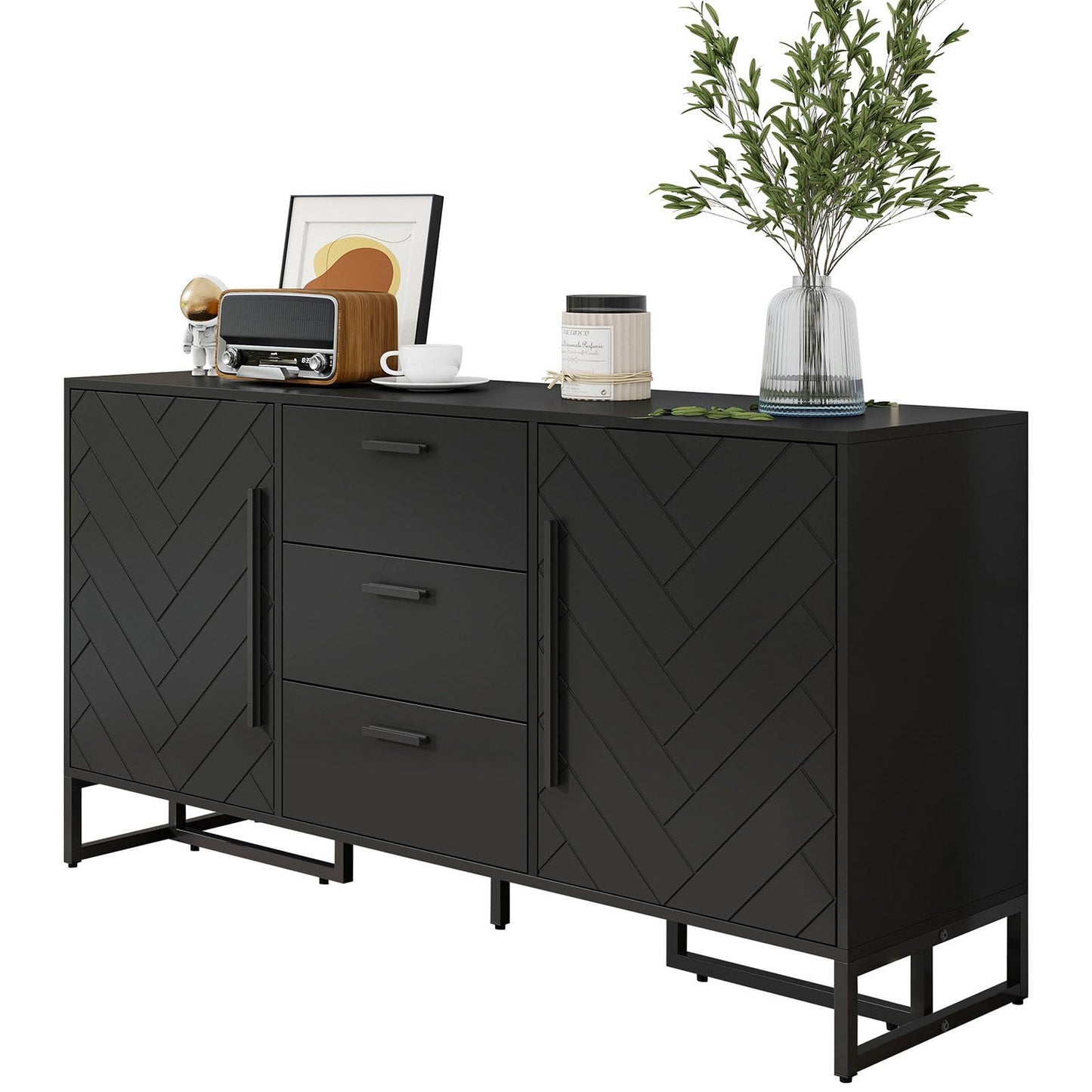 Sideboard, Kommode 2 Türen und 3 Schubladen, Küchenschrank Schwarz Moderner Stil, Mehrzweckschrank Hohe Tragfähigkeit, Verstellbare Regale, Mattschwarzer Griff, 145 x 75 x 40 cm (B/H/T)