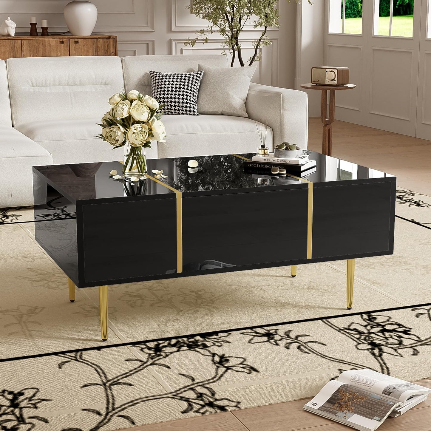 Peiaw Table Basse,Table Basse Salon,Noir Table Basse Brillante,Table Basse carrée Moderne,Table Basse avec Deux tiroirs,Pieds de Table dorés,Garde au Sol 19,5 cm,Table Basse 100 x 60 x 41,5cm