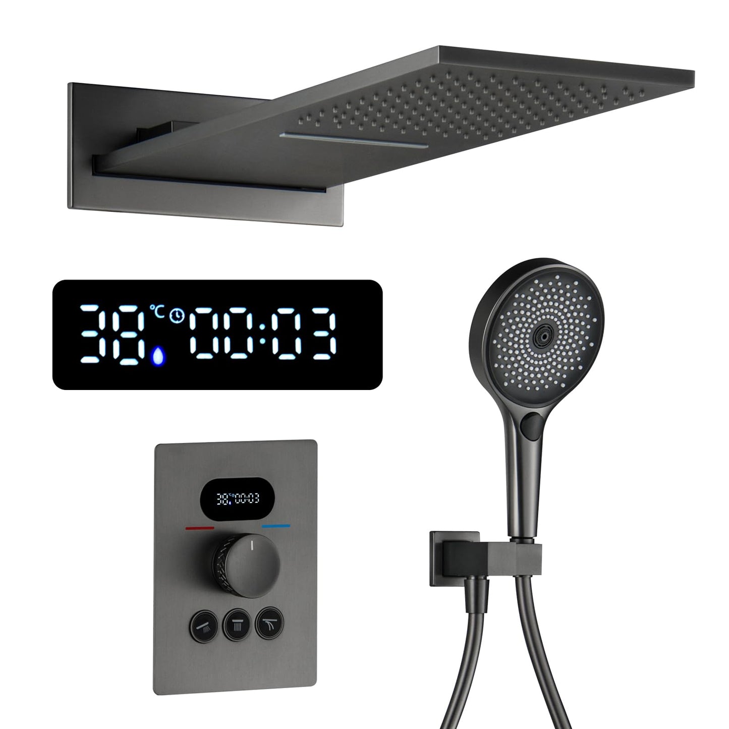 OihPaw Colonne de Douche Thermostatique Douche Encastrable Affichage Numérique Colonne de Douche Encastrable Gris Pistolet Ensemble de Douche avec 3 Fonctions Pommeau de Douche