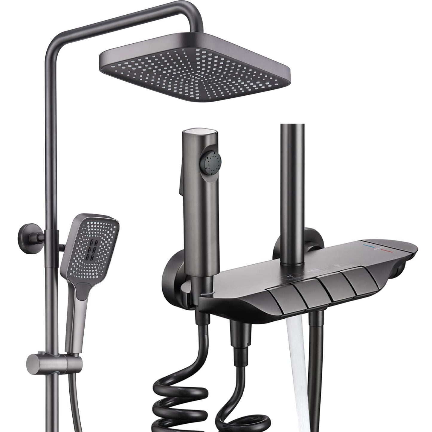 Colonne de Douche Thermostatique Piano Système de Douche Mural Gun Gray Ensemble de Douche Réglable en Hauteur Set de Douche avec Mitigeur,3 Modes Douchette,12 Pouces Douche de Tête,Bidet-Spray