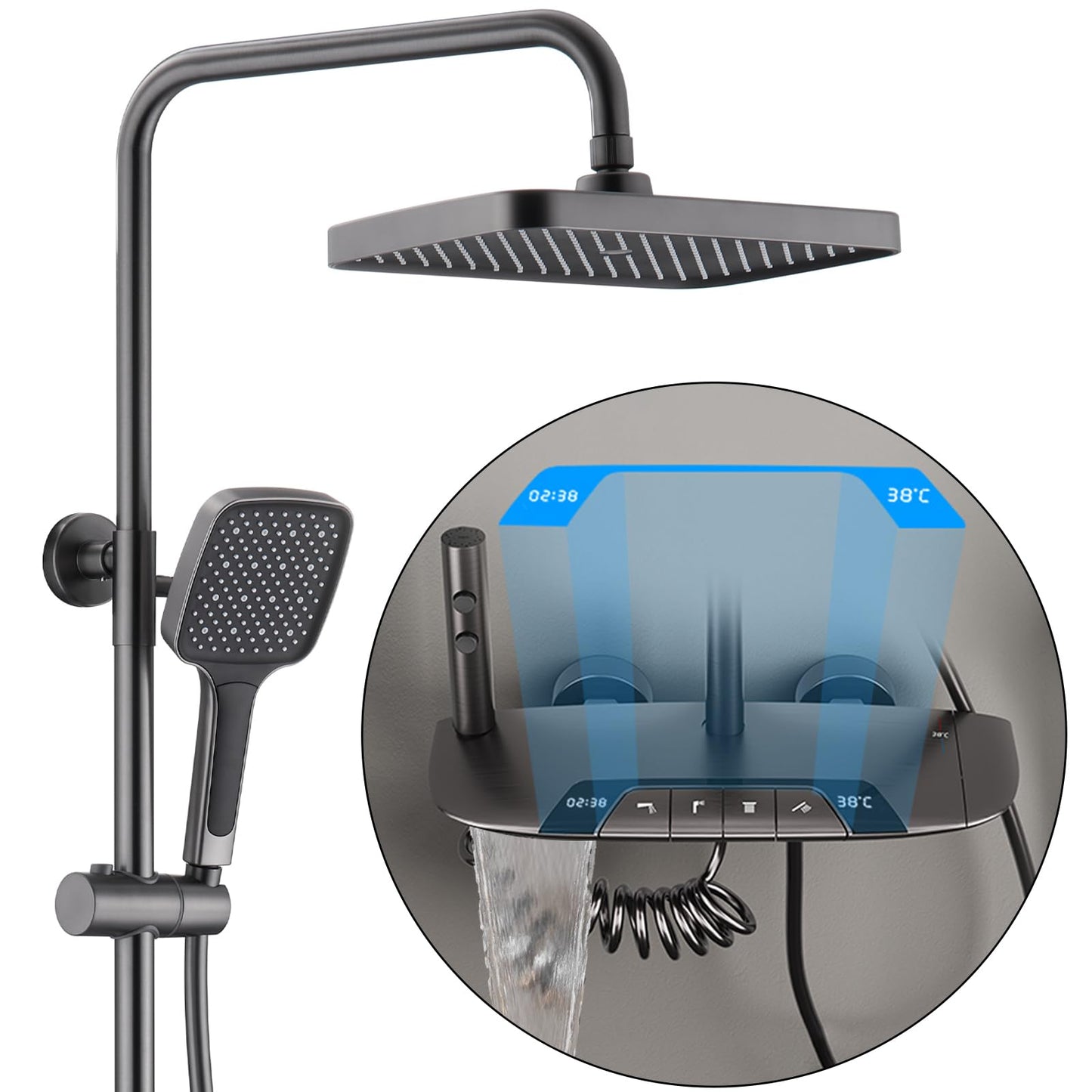 Colonne de Douche Thermostatique, Système de Douche avec Affichage Numérique LED Ensemble de Douche avec 32 * 20CM Pomme de Douche e Douchette à 3 Modes, Bec Baignoire, Bidet Douche (Gris Pistolet)