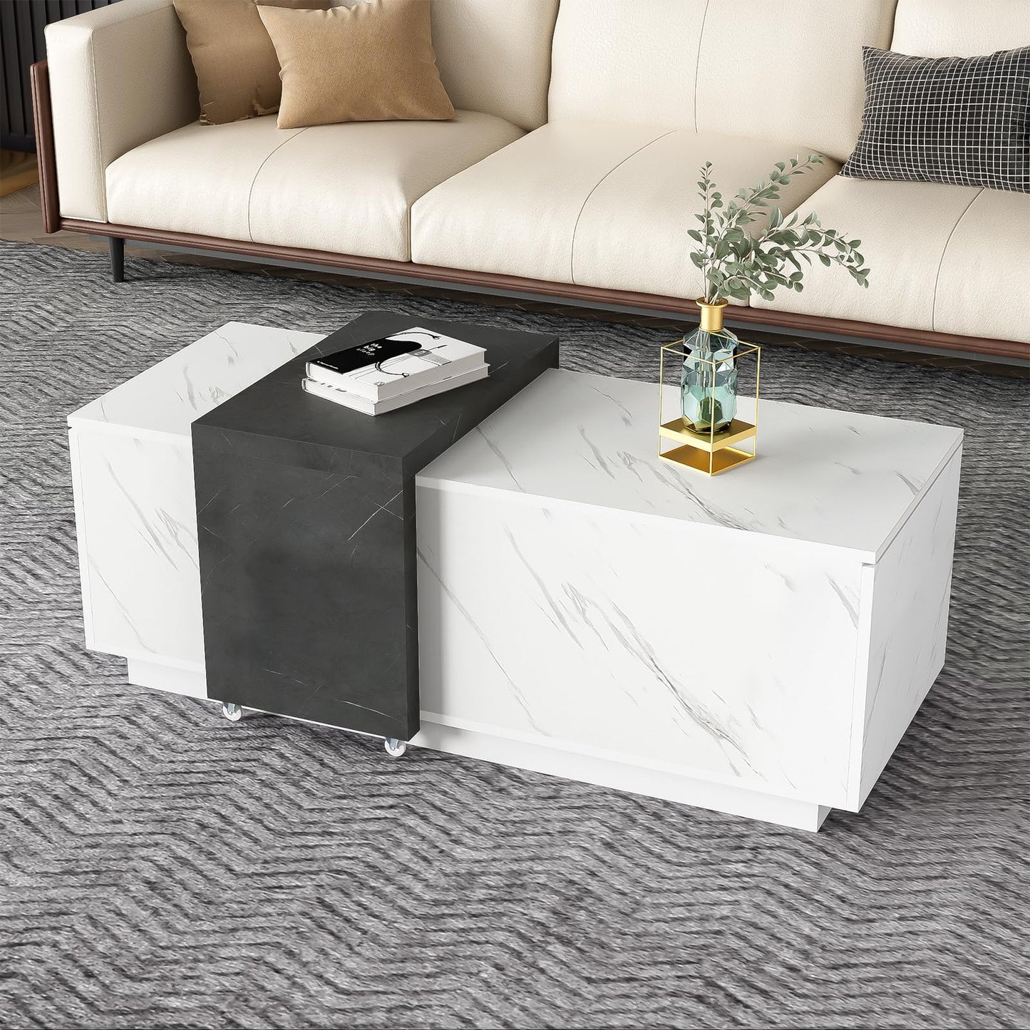 Table basse,Table de salon, aspect marbre blanc, table basse mobile en marbre noir, deux portes de placard, avec charnières amortissantes, avec espace de rangement, table basse de 110 x 50 x 40 cm