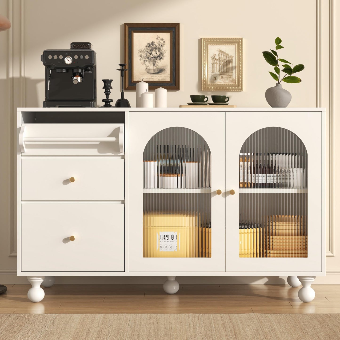 Buffet Salon Minimaliste Buffet Cuisine avec Porte en Verre Changhong et Porte-serviettes, Armoire de Rangement Élégante, Bahut pour Salle à Manger, Mobilier Moderne Multifonctionnel, Blanc/Noir