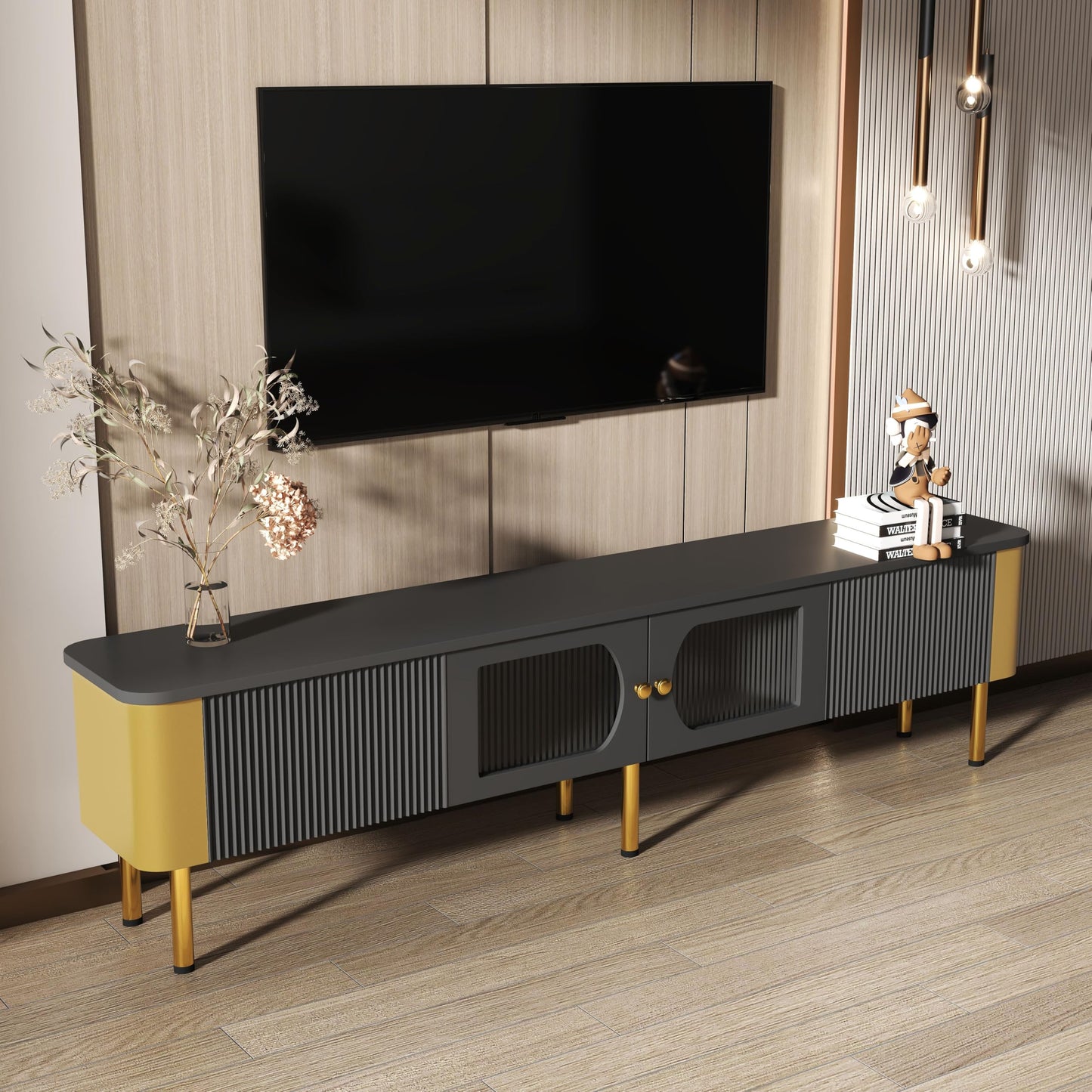 Meuble TV Moderne 170 cm Banc TV pour Téléviseurs Jusqu'à 65 Pouces, Tiroirs et Panneaux de Porte de Forme Spéciale, Poignées et Pieds Dorés, Forme D'arc, Élégant Luxueux Meuble Salon, Meuble TV Bas
