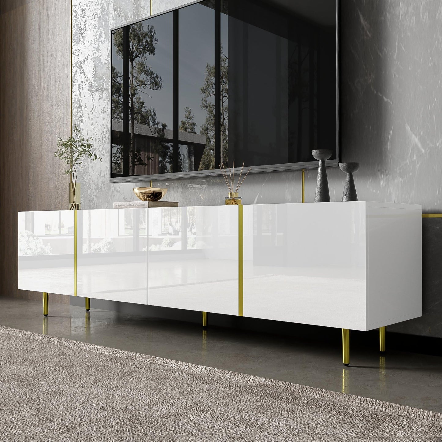 Meuble TV Moderne et Simple, 170 cm Banc TV Brillant avec Quatre Portes, Accents Dorés, Console Multimédia TV pour Les TV jusqu'à 70", Grand Espace de Rangement, Meuble Salon, Facile à Assembler