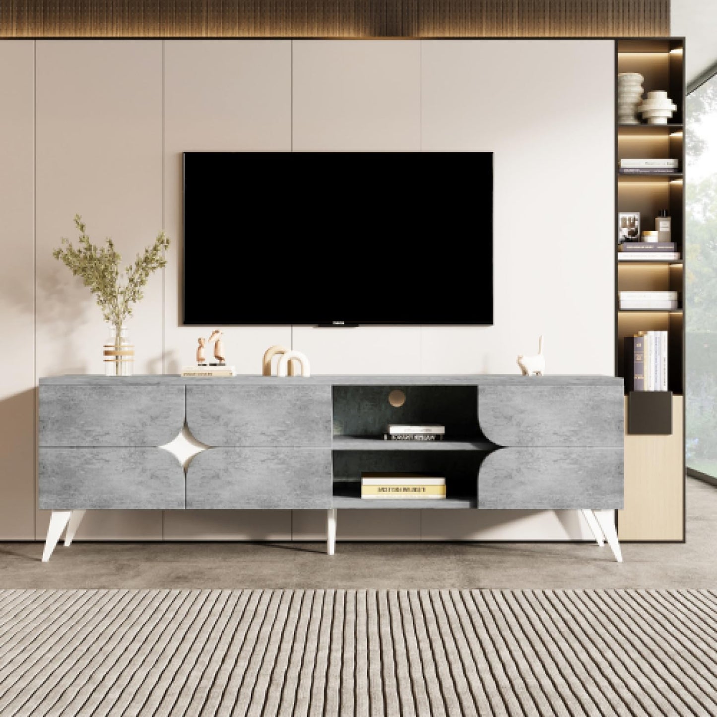 Meuble TV, Gris Ciment avec Meuble TV Blanc, Meuble TV à Compartiment Ouvert, Banc TV jusqu'à 50-59 Pouces, Meuble TV avec Portes d'armoire à Trois pétales, Taille du Meuble TV du Salon 160X40X51cm