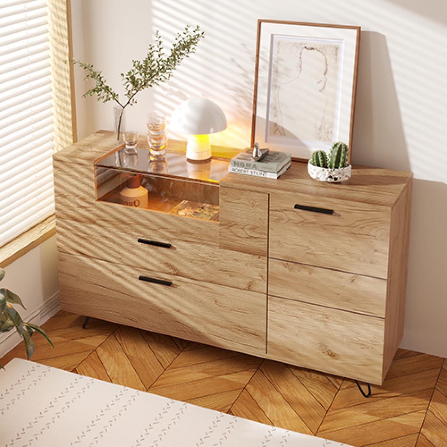 Buffet,bahut de salle a manger,buffet avec 2 tiroirs et 1 porte, buffet avec éclairage LED, Diviseur multifonctionnel,porte vitrée avec cordon de serrage spécial,Convient aux balcons et aux bureaux