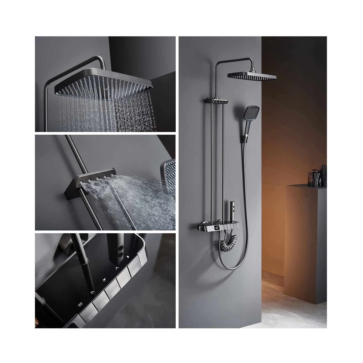 OihPaw Système de Douche Thermostatique,Colonne de Douche avec Affichage de la Température,Pulvérisateur d'épaule,Douche Bidet,Robinet de Douche de Baignoire,Pommeau de Douche,Douche à main