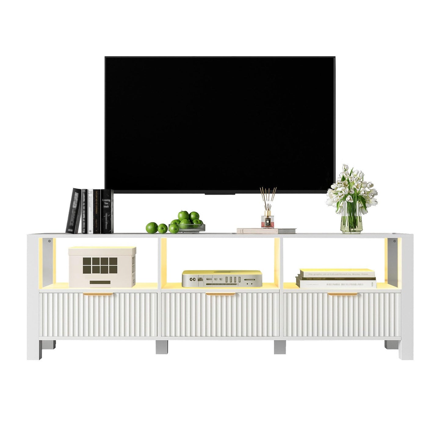 Meuble TV, Meuble Télé de Salon avec Éclairage LED 16 Couleurs, Armoire De Télévision avec 3 Tiroirs et 3 Compartiments Ouverts, Capacité de Charge de 130 lb, Poignée Dorée, 152.5 x 39.5 x 50 cm