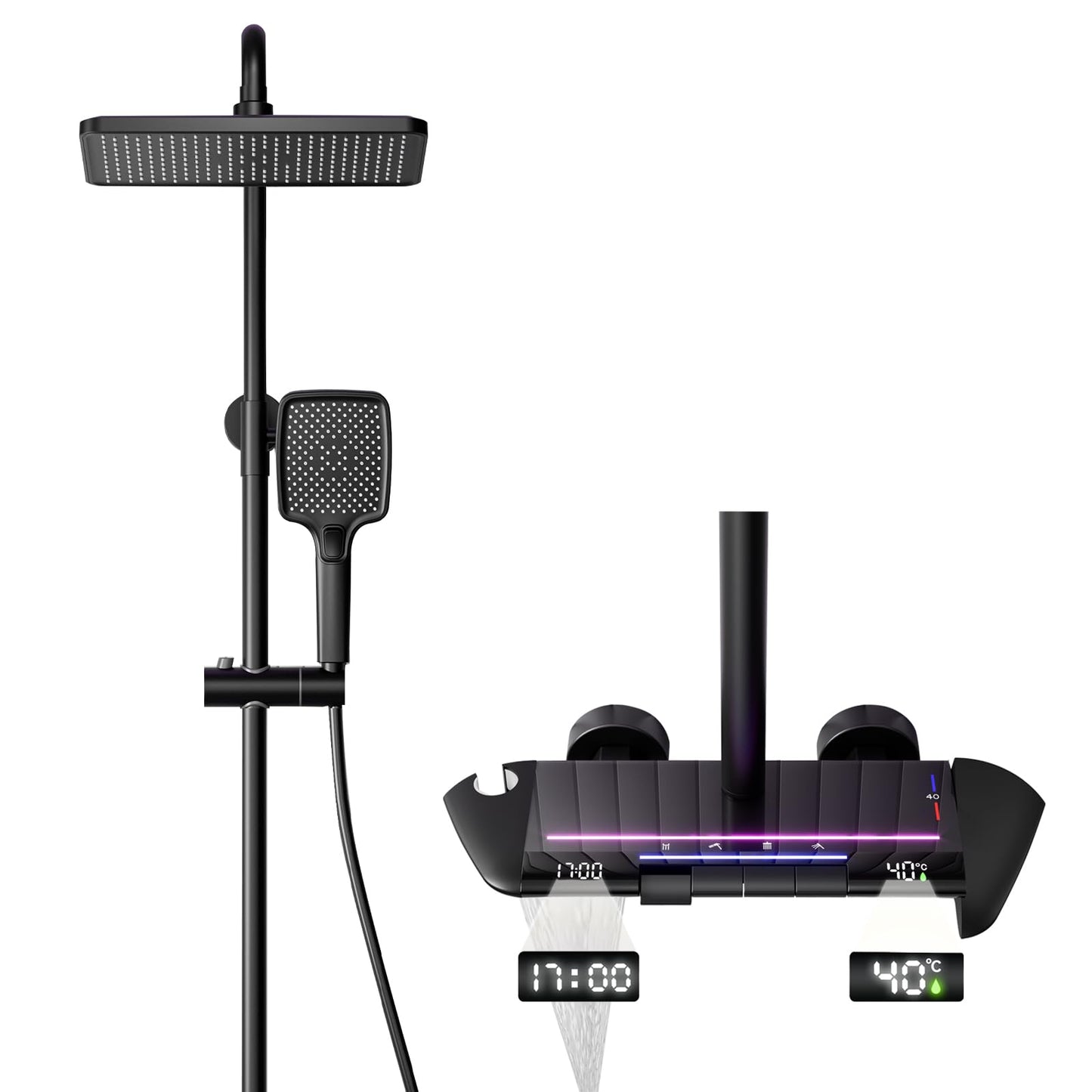 Colonne De Douche Avec Mitigeur Thermostatique Système De Douche Affichage Numérique LED Ensemble De Douche Avec Pommeau De Douche, Douchette, Bidet Douche, Robinet De Baignoire, Réglable (Noir)