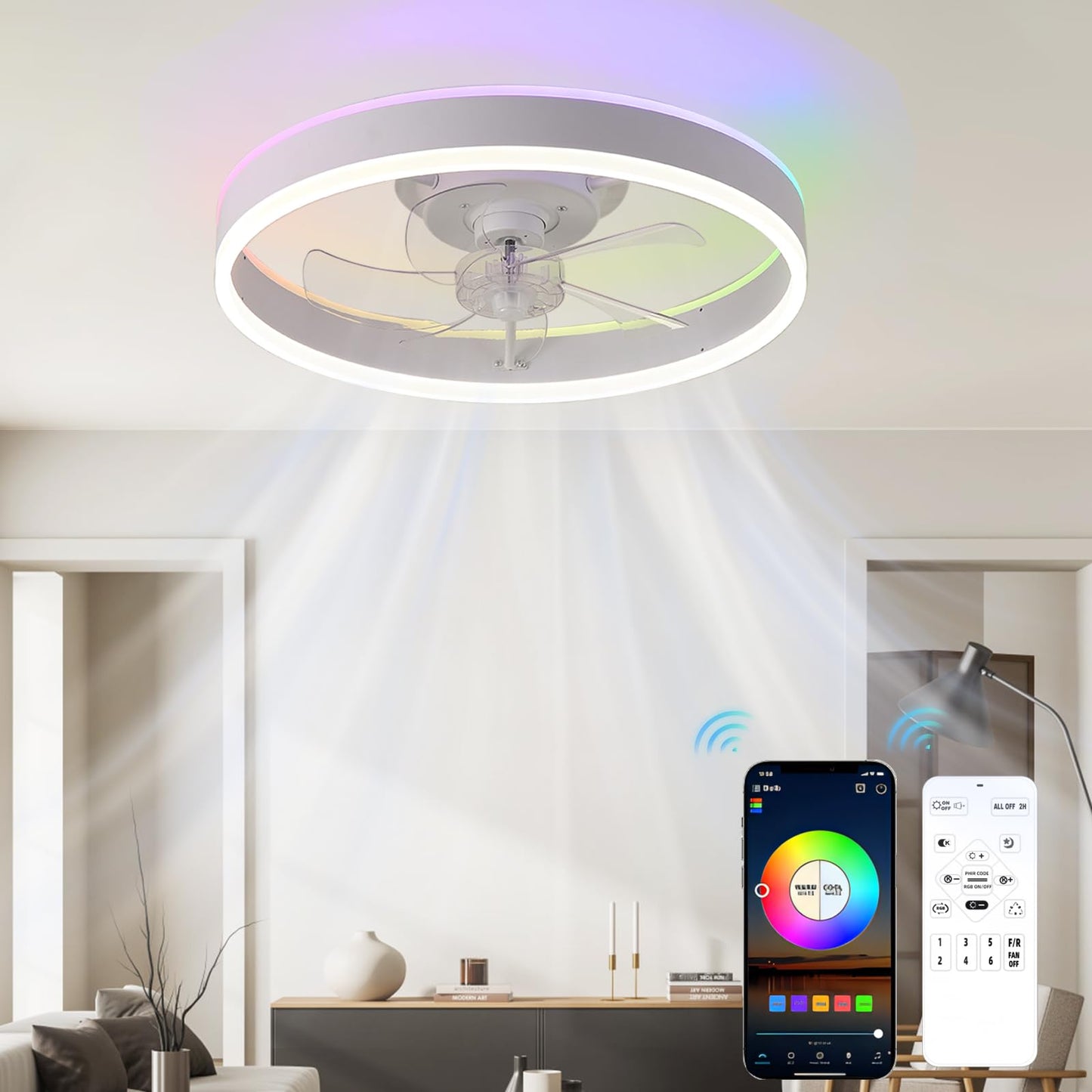 Ventilateurs de Plafond avec Lampe Intégrée Ventilateur Plafond avec Lumiere RGB & LED 3 Couleurs Dimmable Ventilateur Plafond Silencieux avec Télécommande & APP 6 Vitesses pour Salon Chambre-B