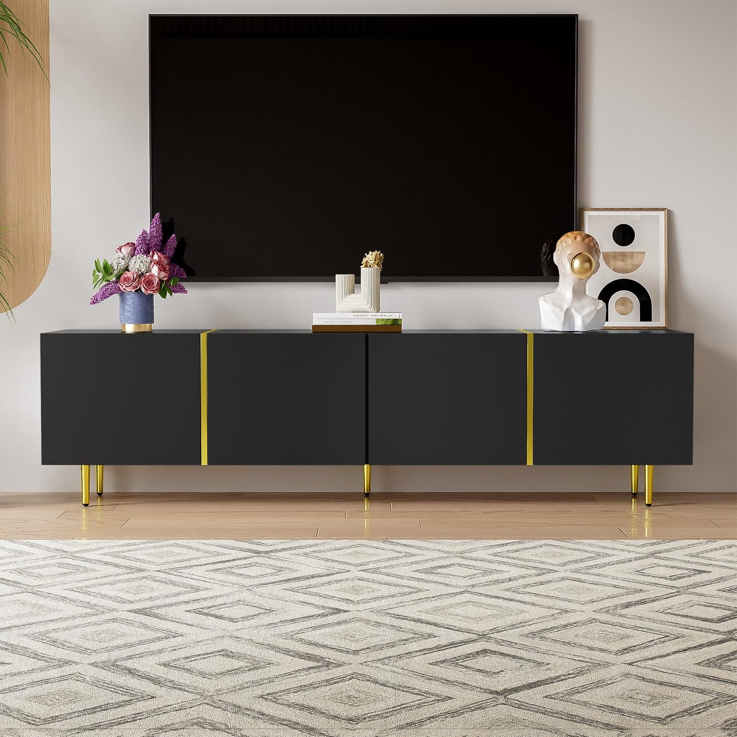Meuble TV 170cm, Meuble Télé de Salon Quatre Portes Haute Brillance, Armoire De Télévision avec 2 Ports de Gestion des Câbles, Table Télévision Peut Accueillir Un Téléviseur de 70 Pouces, 170x35x46cm