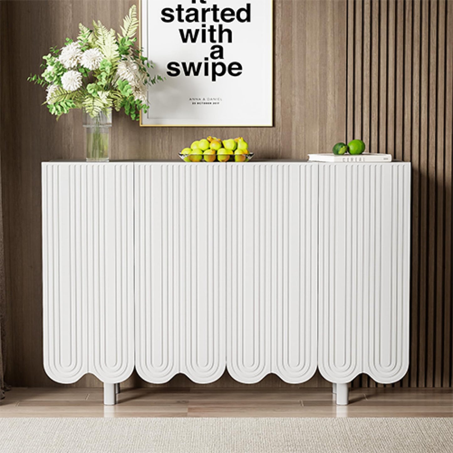 Peiaw Buffet,Meuble de Cuisine Rangement,Buffet avec 4 Portes et étagères réglables,Buffet en Forme de Larme, Blanc Meuble de Rangement 120 x 37.5 x 80.8 cm, Buffet avec charnières amorties