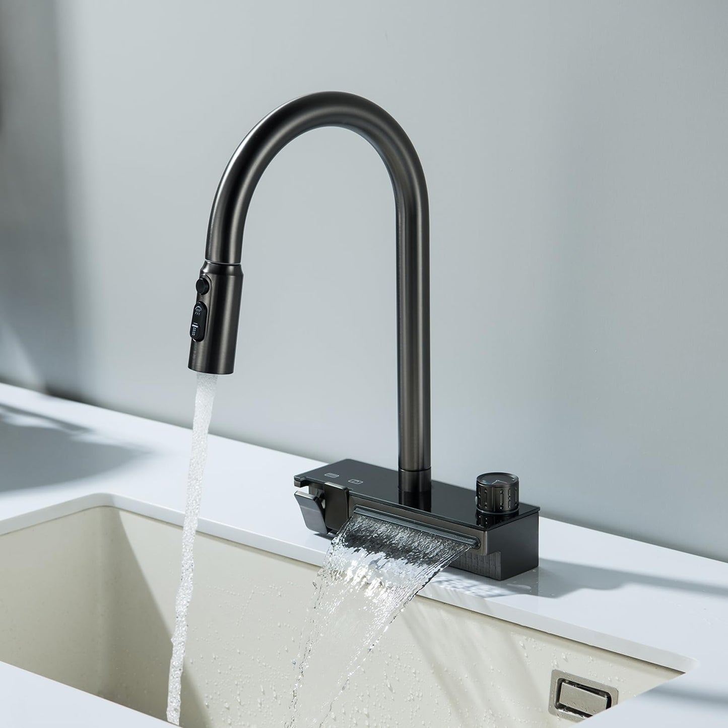 Robinet de Cuisine Cascade avec Douchette Extensible, Mitigeur Cuisine Cascade Unique avec Touches Piano et Bouton Rotatif, 4 Modes Robinet d'Évier de Cuisine Pivotant à 360°