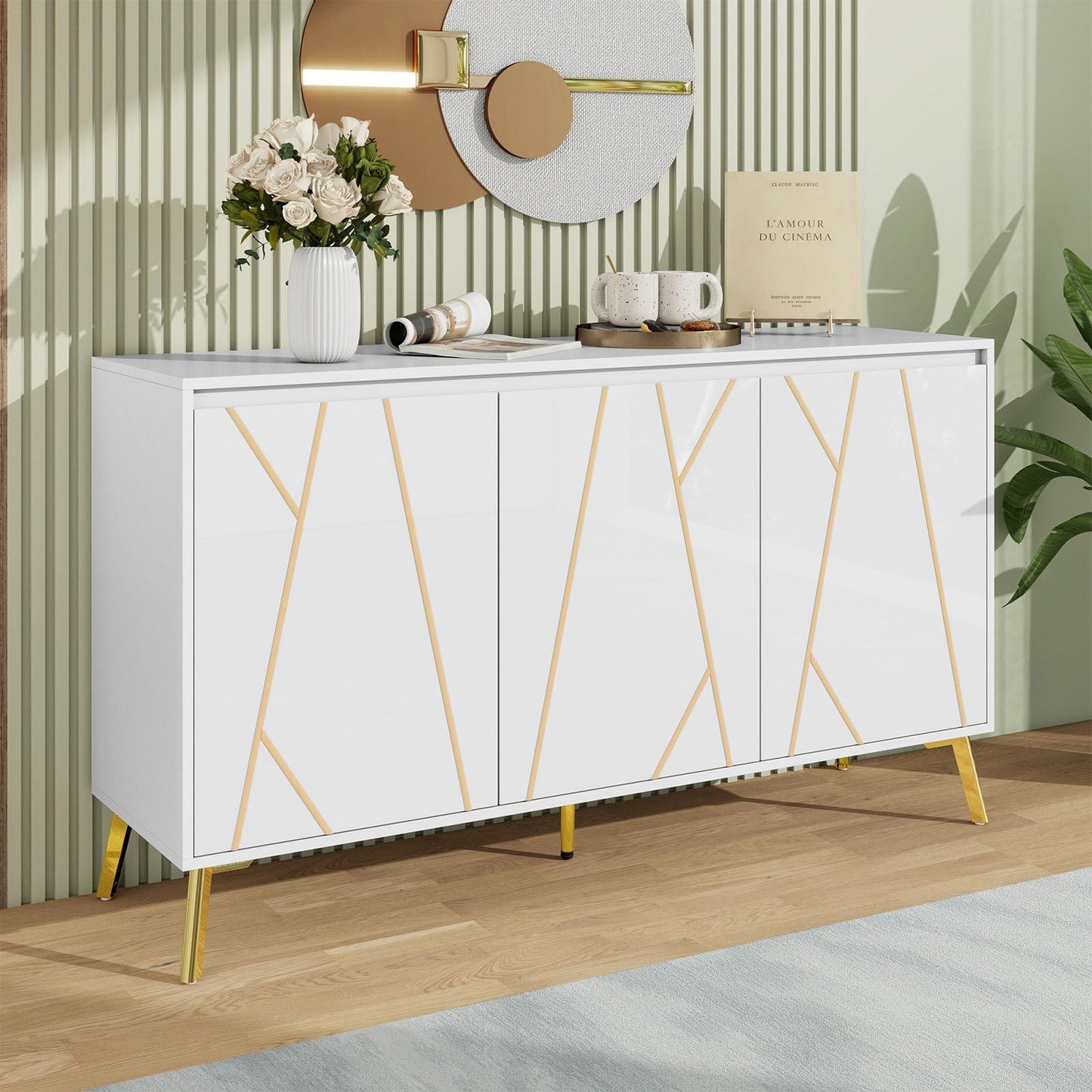 Sideboard 3 Türig, Mehrzweckschrank, Küchenschrank, Kommode für Wohnzimmer Schlafzimmer, Buffetschrank Grifflos, Hohe Tragfähigkeit, Verstellbare Regale, Moderner Stil, 140 x 80 x 40 cm (B/H/T)
