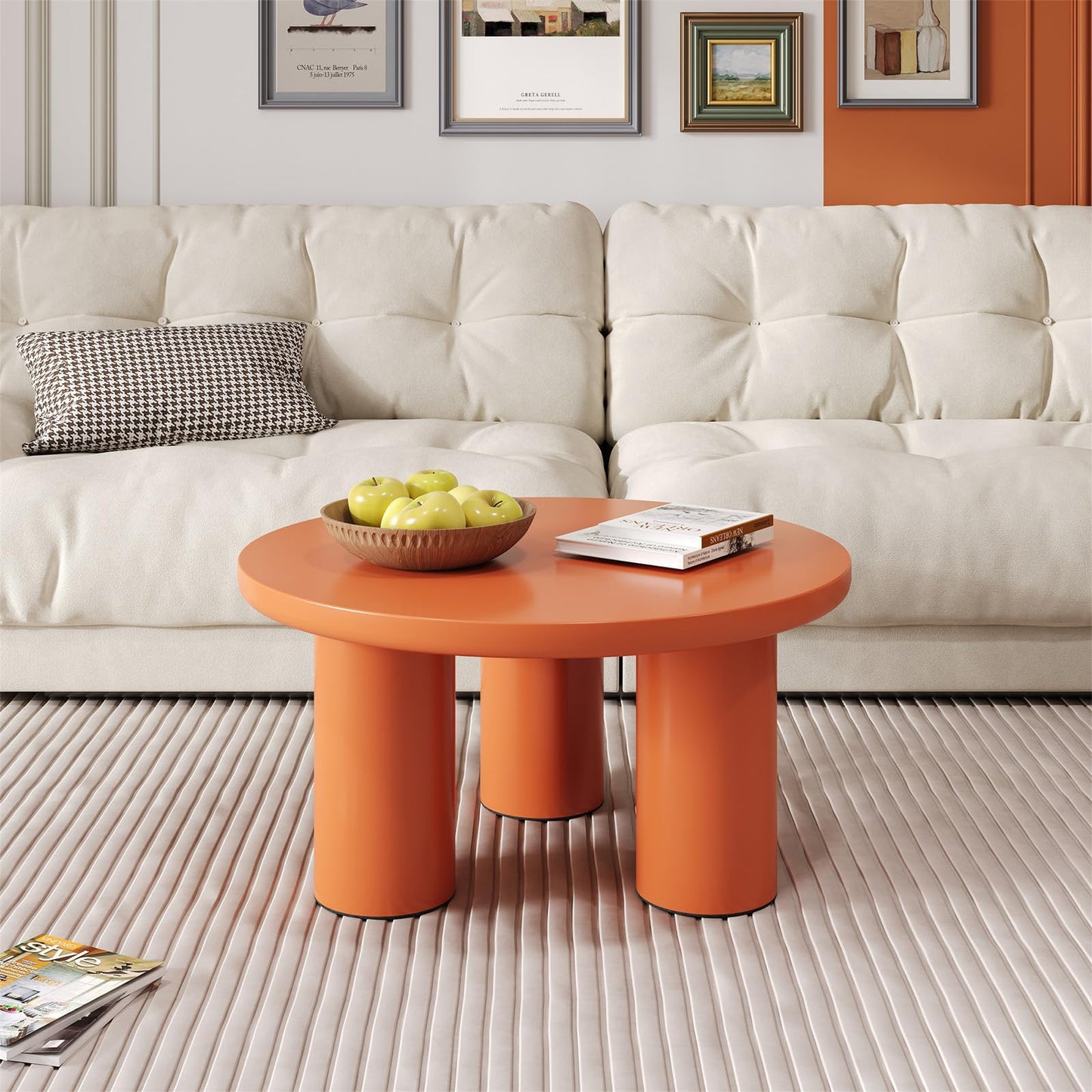 Peiaw Table Basse,Table de Salon,Table Basse Minimaliste Moderne,Table Basse Ronde,Table Basse de Salon Orange,Colonne de Support cylindrique,Table Basse diamètre 72,2 cm, Hauteur 35,35 cm