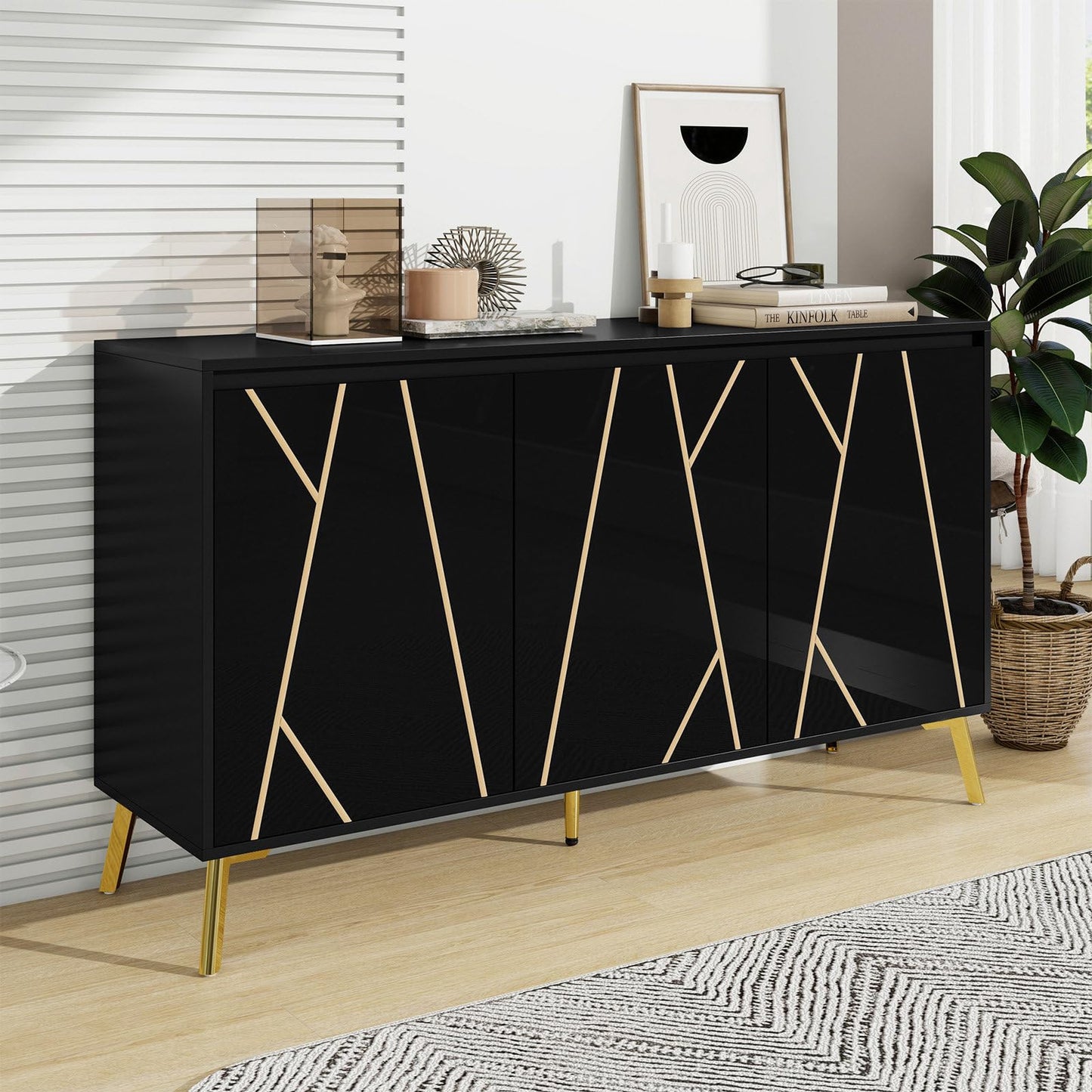Sideboard 3 Türig, Mehrzweckschrank, Küchenschrank, Kommode für Wohnzimmer Schlafzimmer, Buffetschrank Grifflos, Hohe Tragfähigkeit, Verstellbare Regale, Moderner Stil, 140 x 80 x 40 cm (B/H/T)