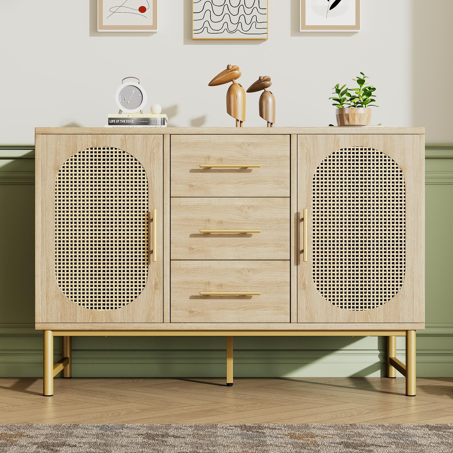 SHUGUANG Buffet Salon Style Bohème avec 2 Portes en Rotin et 3 Tiroirs, Commode Cuisine, Vaisselier Chambre, Meuble de Rangement Bois, Étagères Réglables, Anti-basculement, 120 x 40 x 74 cm, Chêne