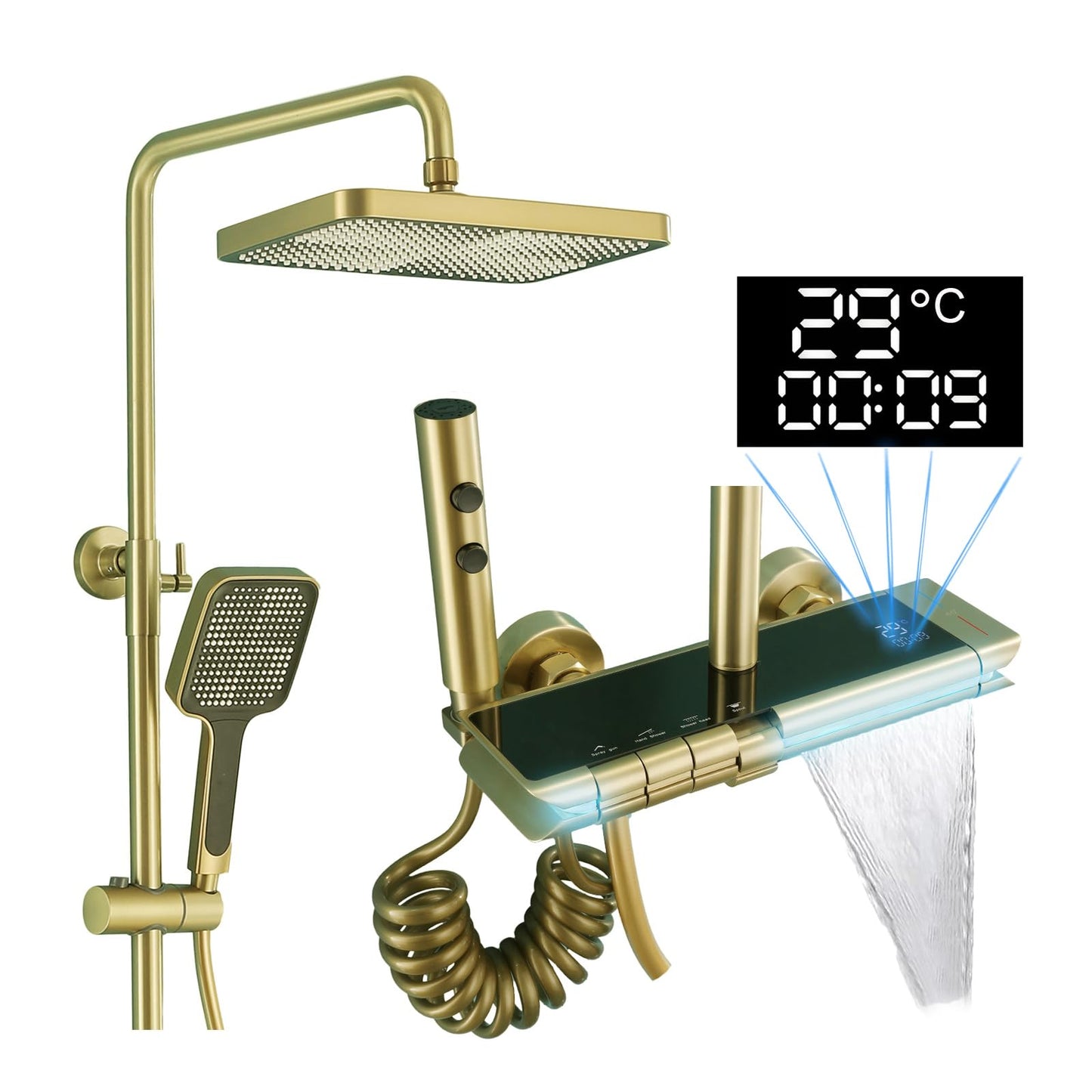 OihPaw Colonne de Douche Thermostatique avec Mitigeur,Système de Douche Affichage Numérique Kit de Douche Réglable Hauteur Ensemble Douche avec Douche de Tête,Or Brossé