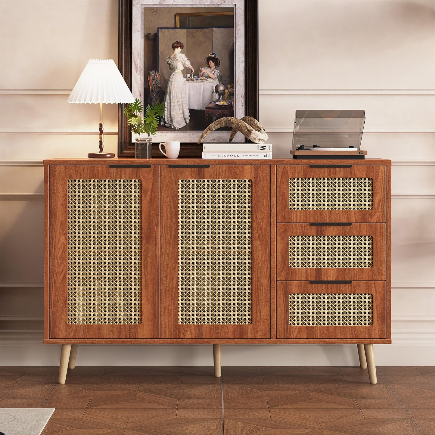 Meuble de Rangement, Buffet de Cuisine avec 2 Portes et 3 Tiroirs, Armoire de Salon Conception de Tissage en Rotin, Étagère Rangement Étagères Réglables, Poignée en Métal Peint, 120x38x78cm