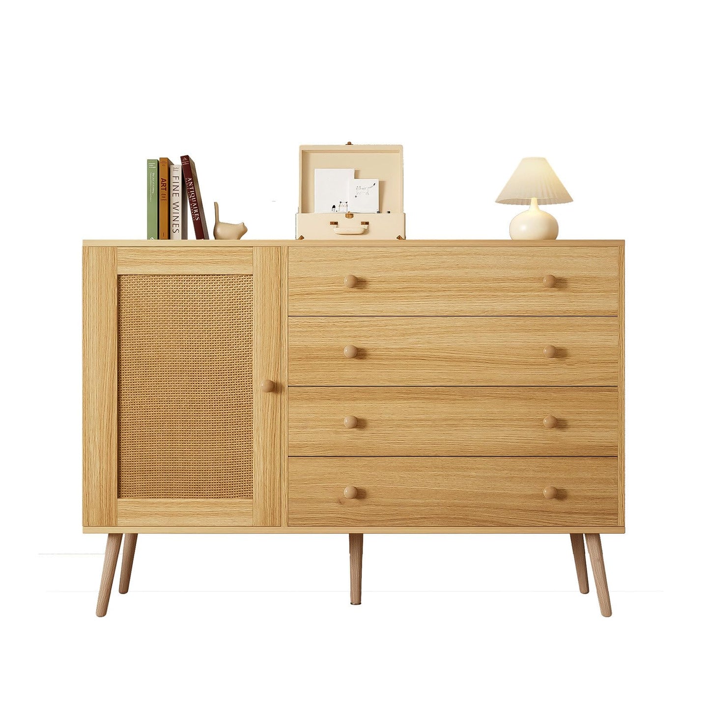 Sideboard 1 Tür und 4 Schubladen, Kommode Gewebte Rattanstruktur, Mehrzweckschrank Hohe Tragfähigkeit, Küchenschrank Minimalistisches Design, Schubladenschrank Holzoptik, 120 x 83 x 40 cm (B/H/T)