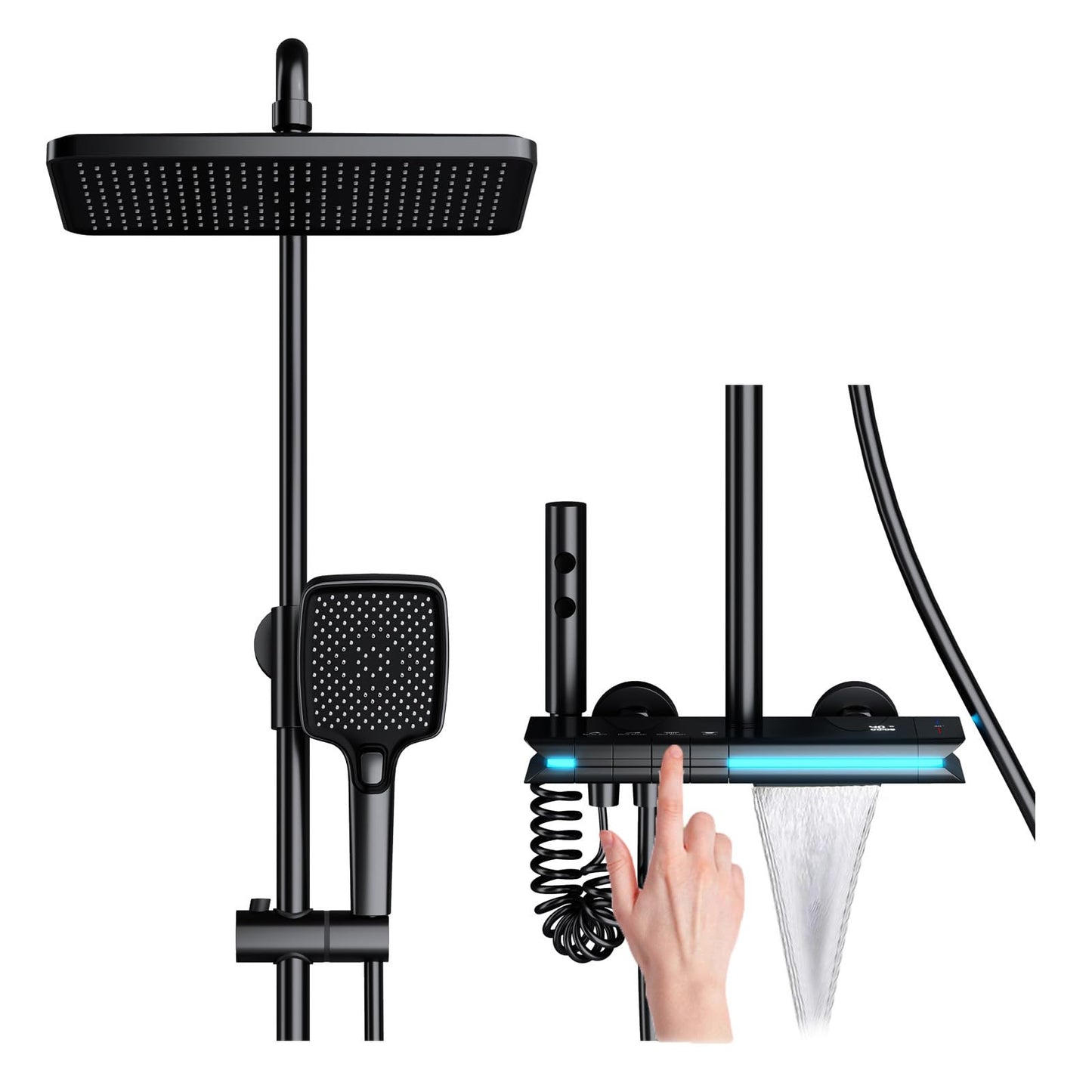 OihPaw Colonne de Douche Noir Thermostatique avec Mitigeur, Système de Douche Affichage Numérique Kit de Douche Réglable Hauteur Ensemble Douche avec Douche de Tête,Pommeau de Douche