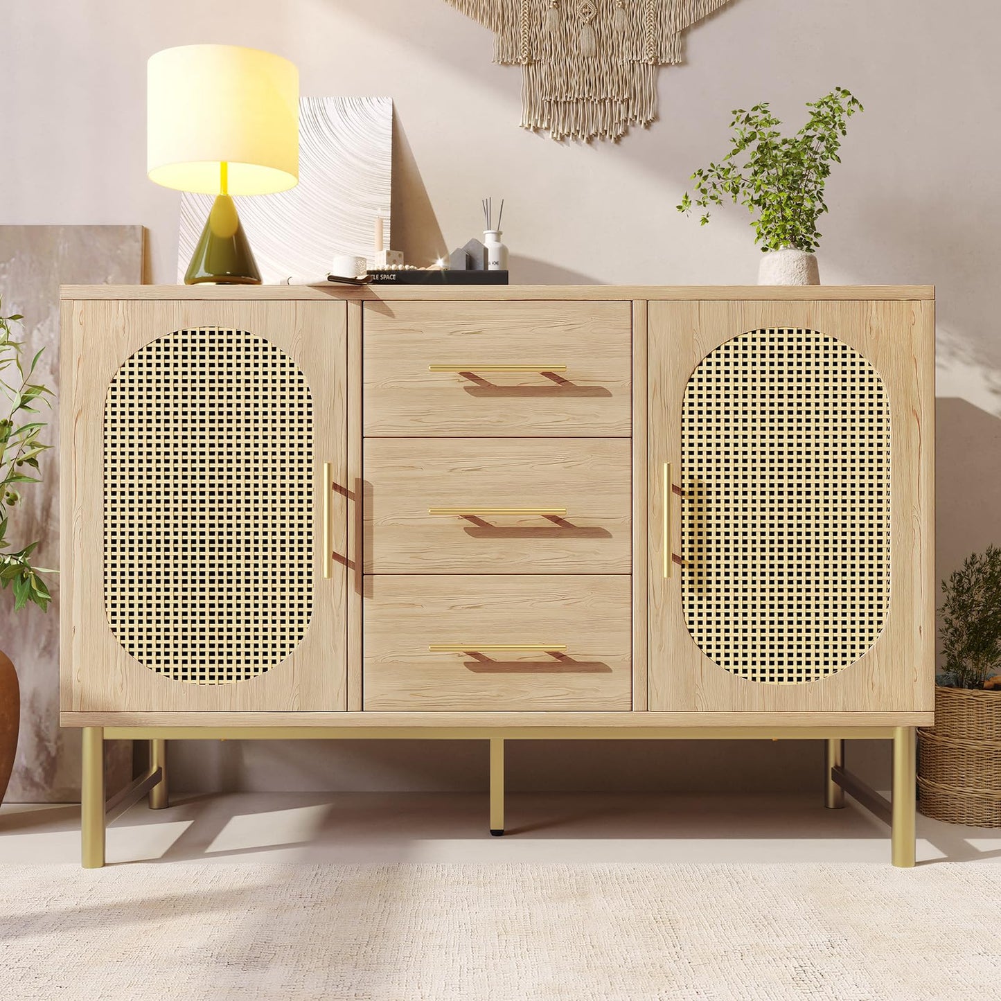 Buffet,Meuble de Rangement,Armoires de cuisine,Buffet avec 3 tiroirs et 2 portes en rotin, étagères réglables,Commode avec poignées et pieds en métal,Protection anti-basculement,120 x 40 x 74 cm